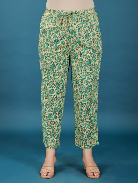Kantha Cotton Floral Beige Straight Trousers