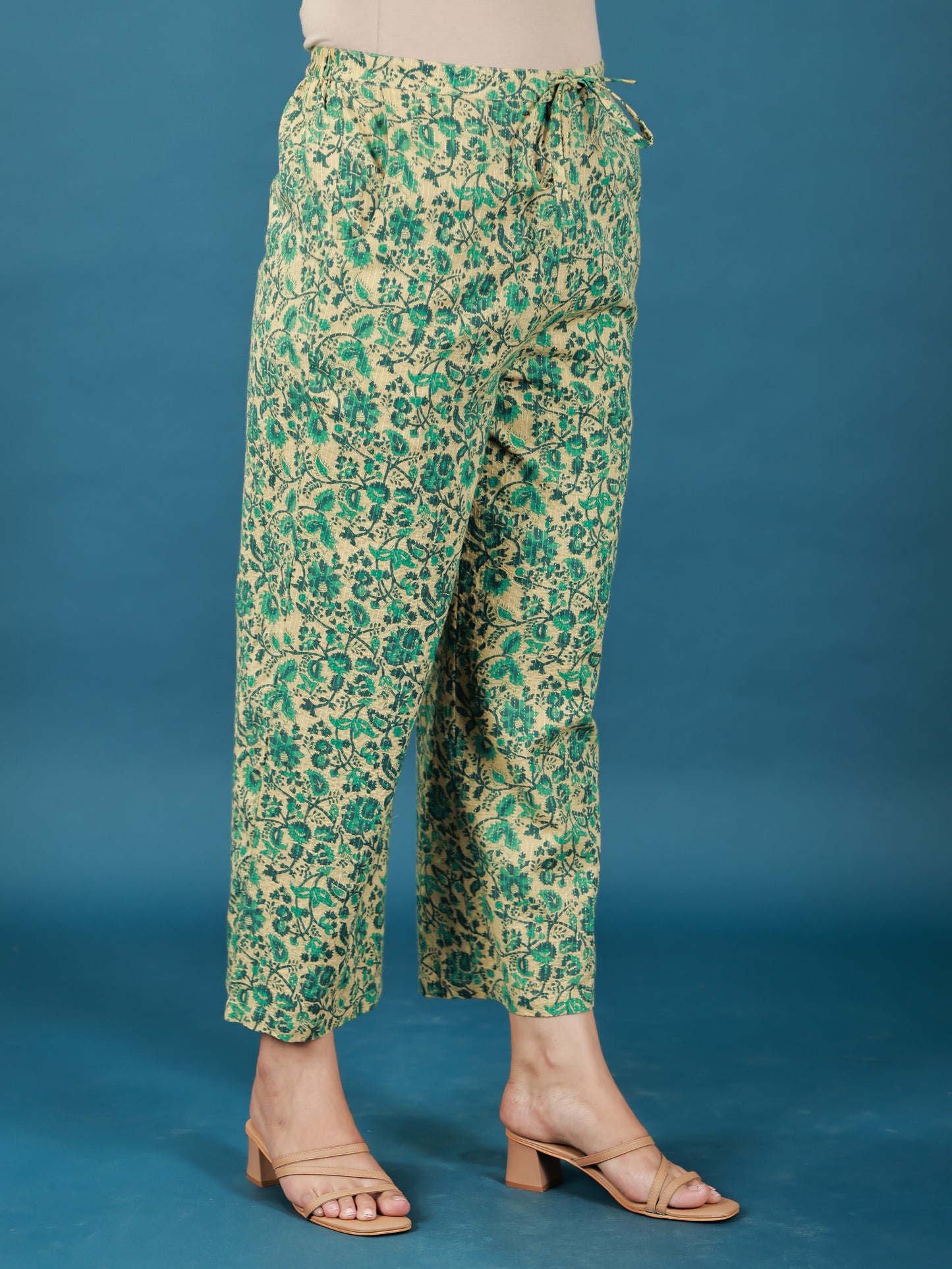 Kantha Cotton Floral Beige Straight Trousers
