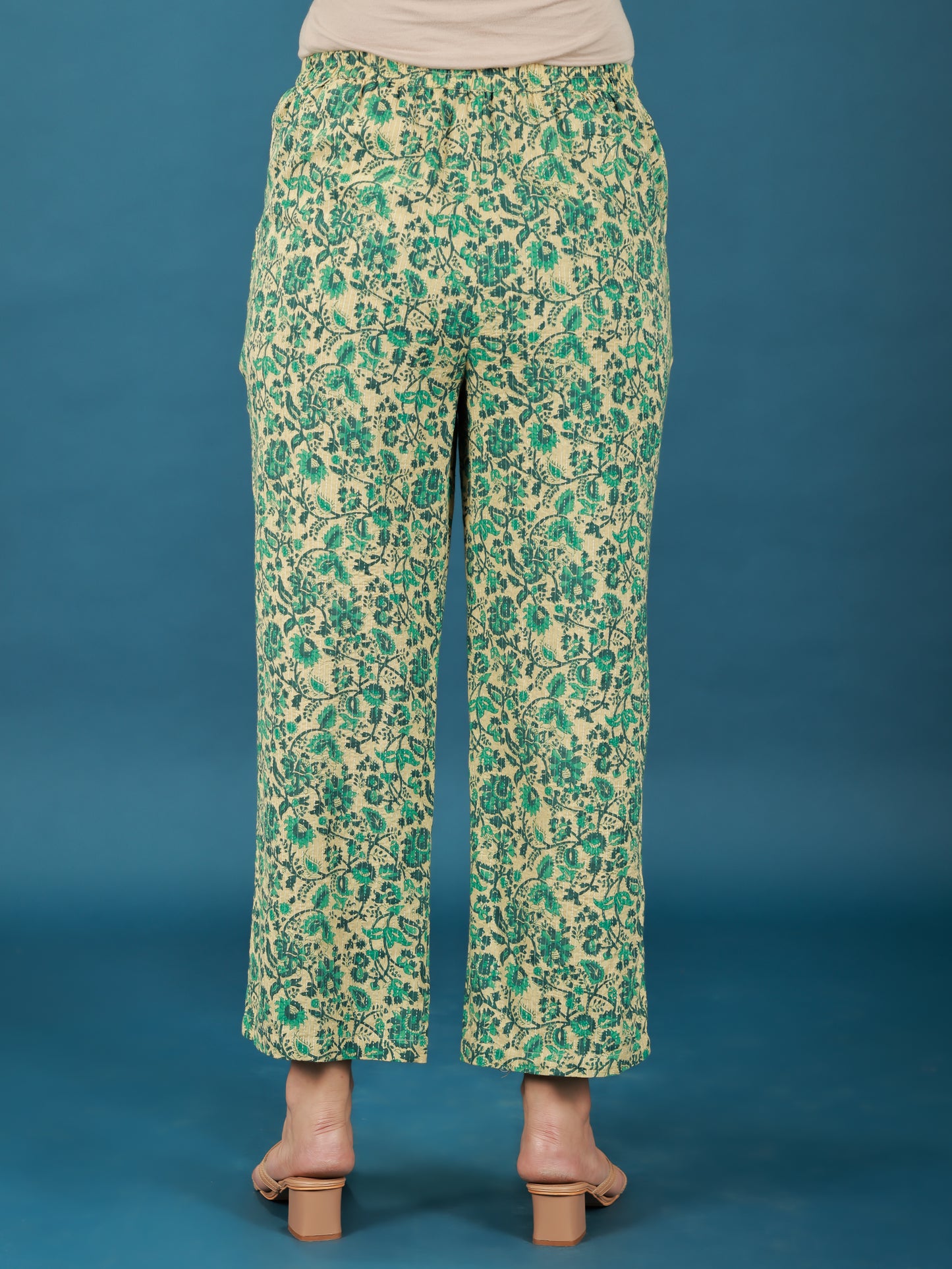 Kantha Cotton Floral Beige Straight Trousers