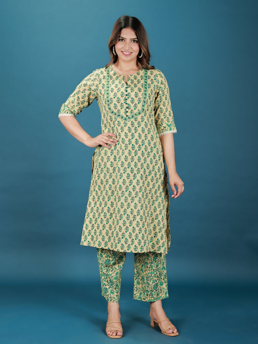 Kantha Cotton Floral A-line Beige Kurta
