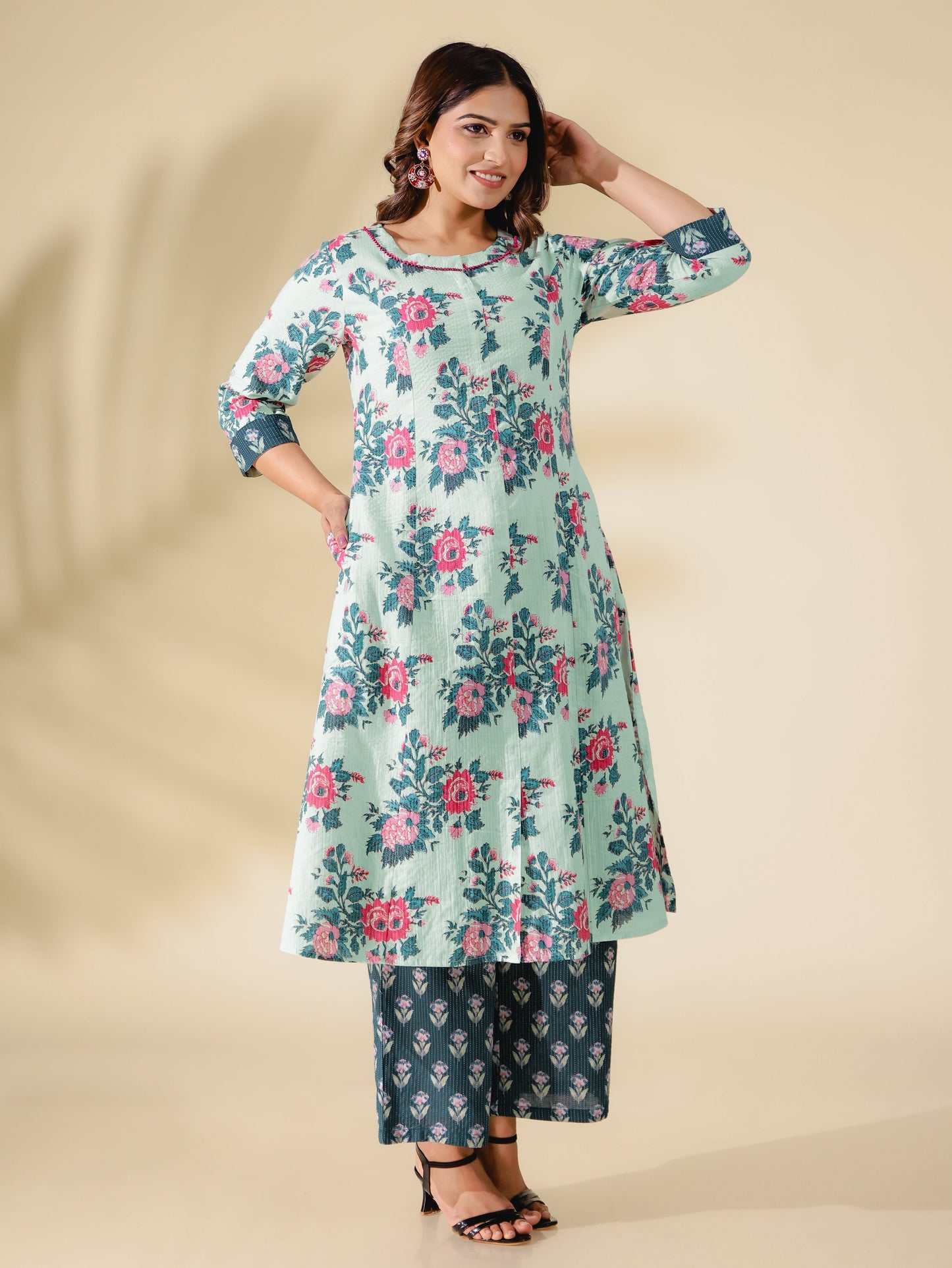 Kantha Cotton Floral Flared Off White Kurta