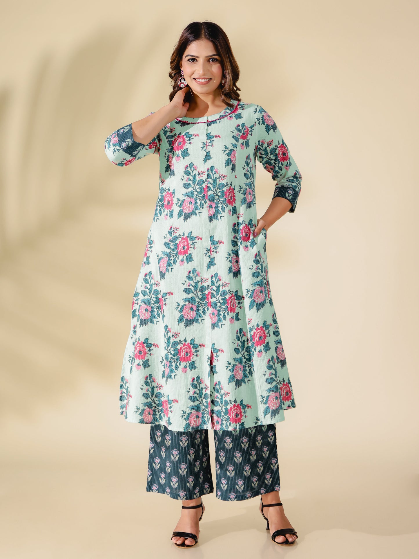 Kantha Cotton Floral Flared Off White Kurta