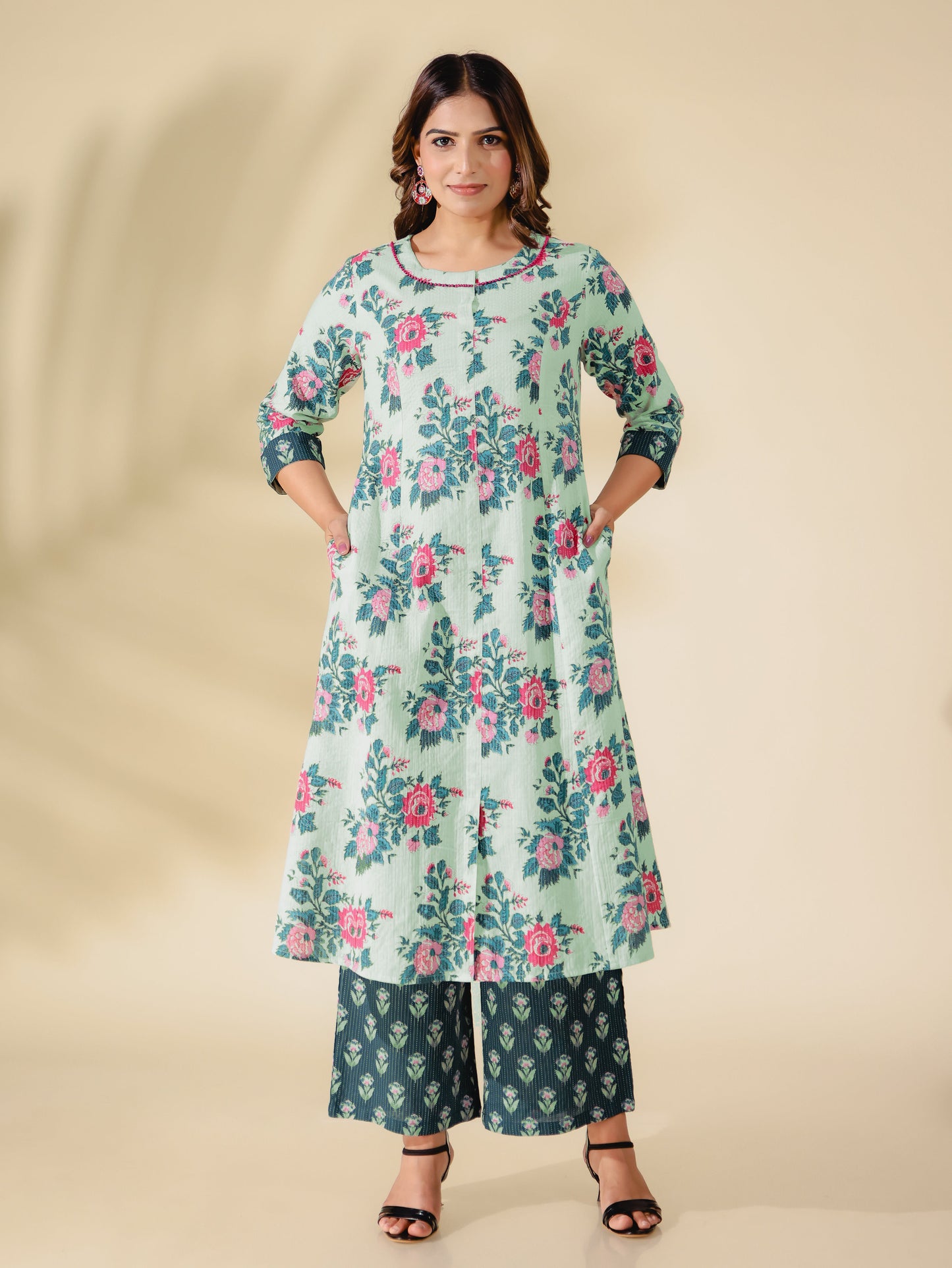 Kantha Cotton Floral Flared Off White Kurta
