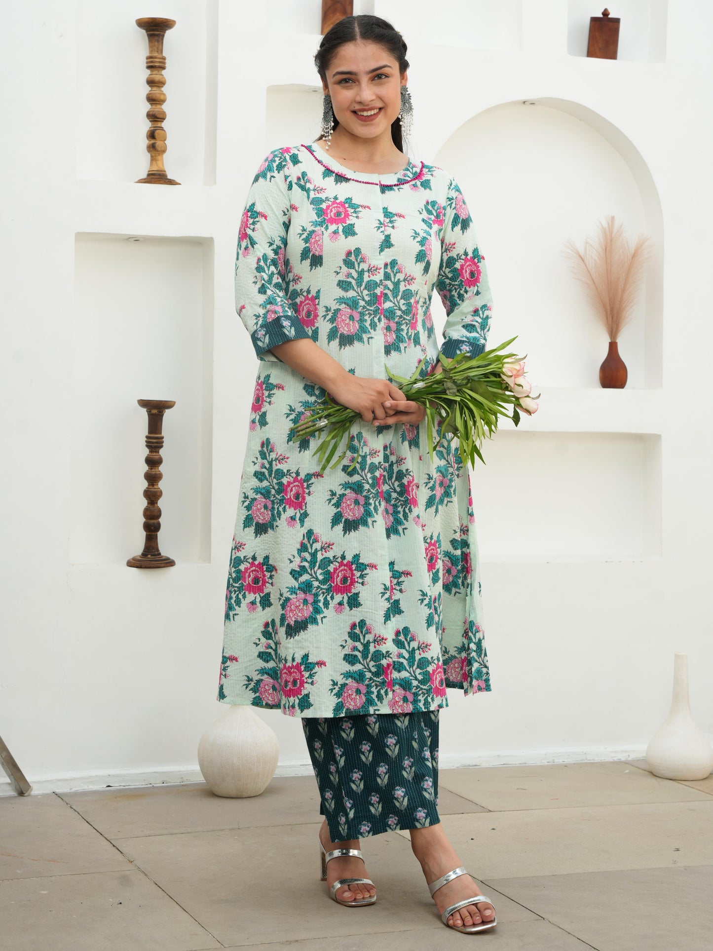 Embroidered Kantha Cotton Floral Flared Off White Kurta