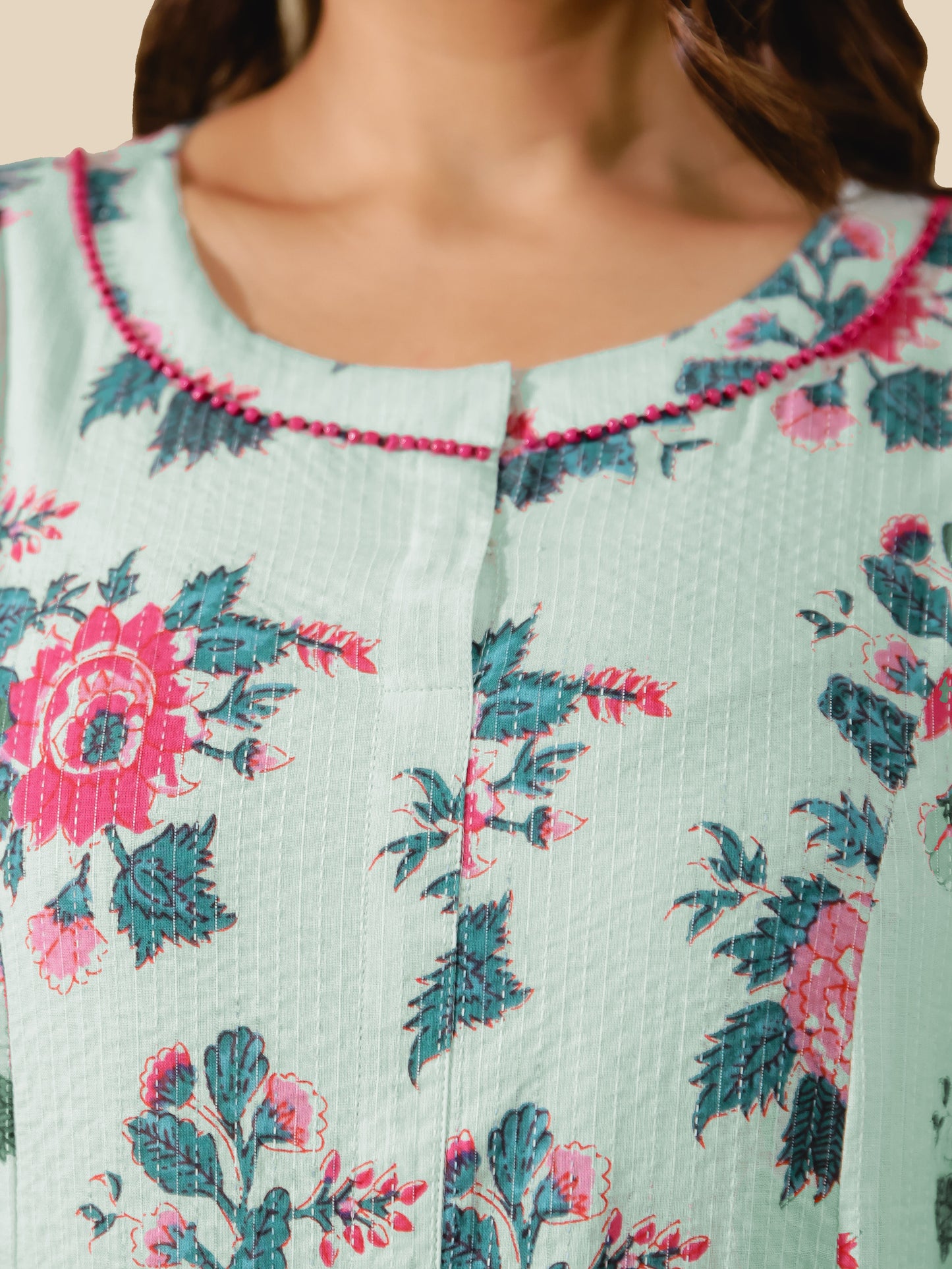 Kantha Cotton Floral Flared Off White Kurta