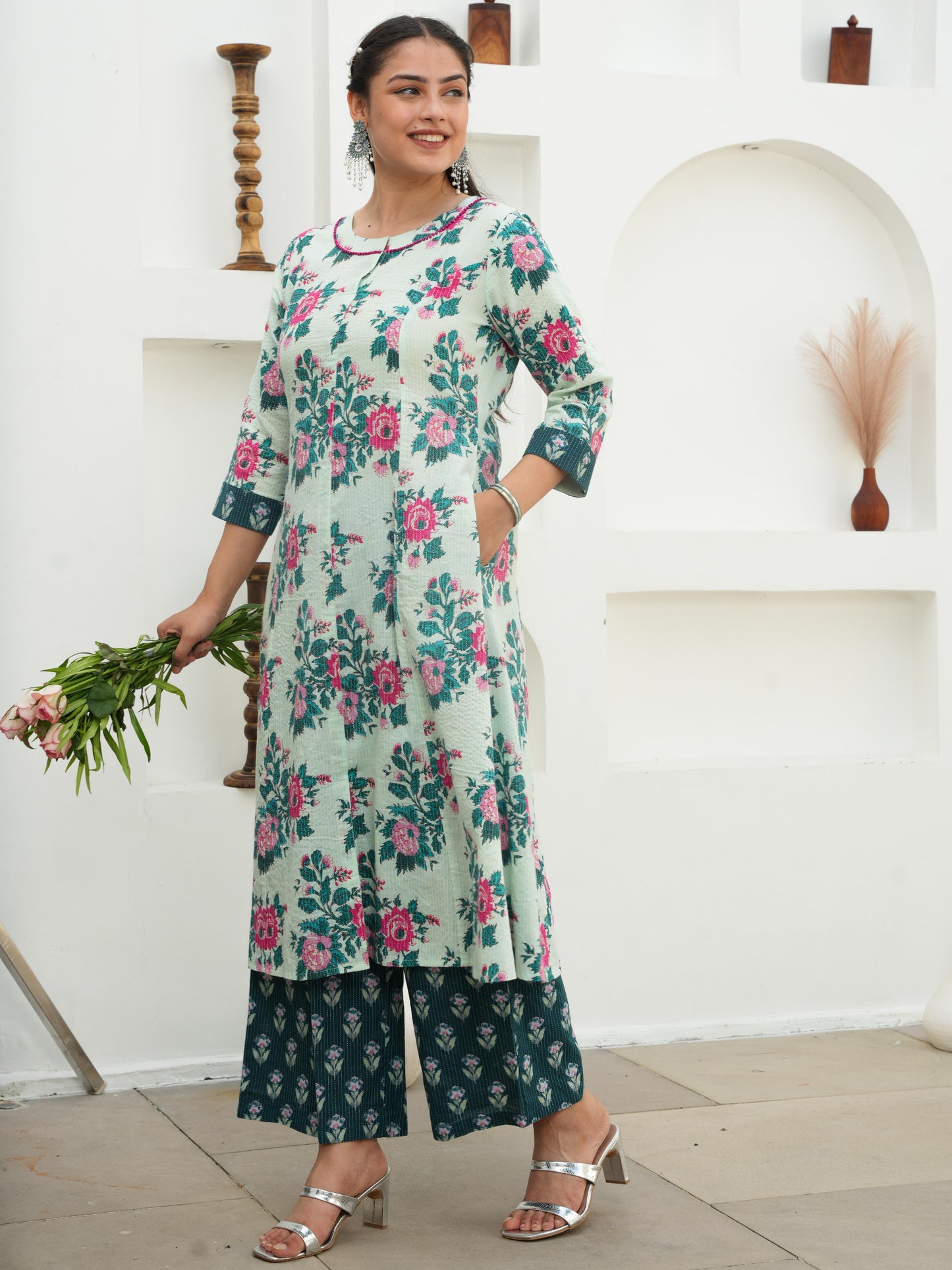Embroidered Kantha Cotton Floral Flared Off White Kurta
