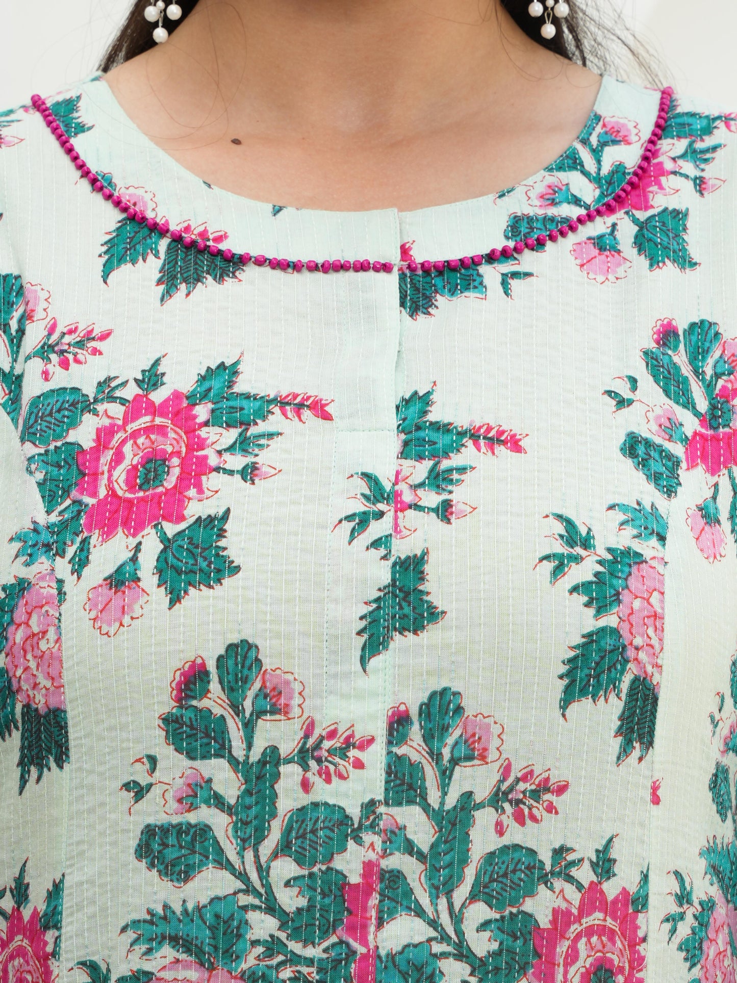Embroidered Kantha Cotton Floral Flared Off White Kurta