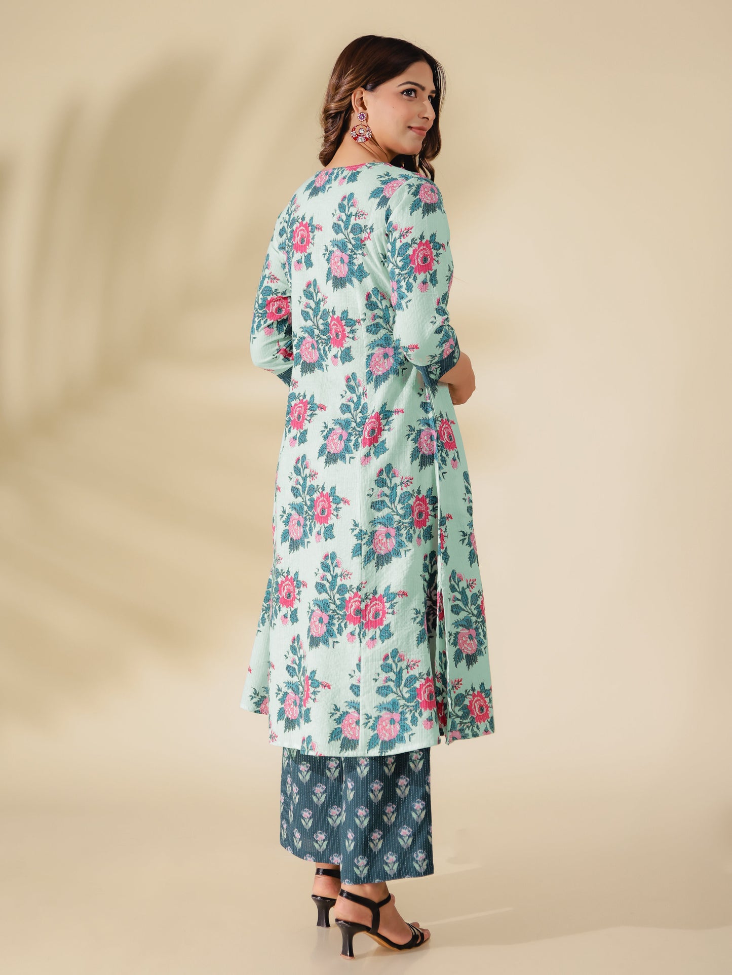 Kantha Cotton Floral Flared Off White Kurta