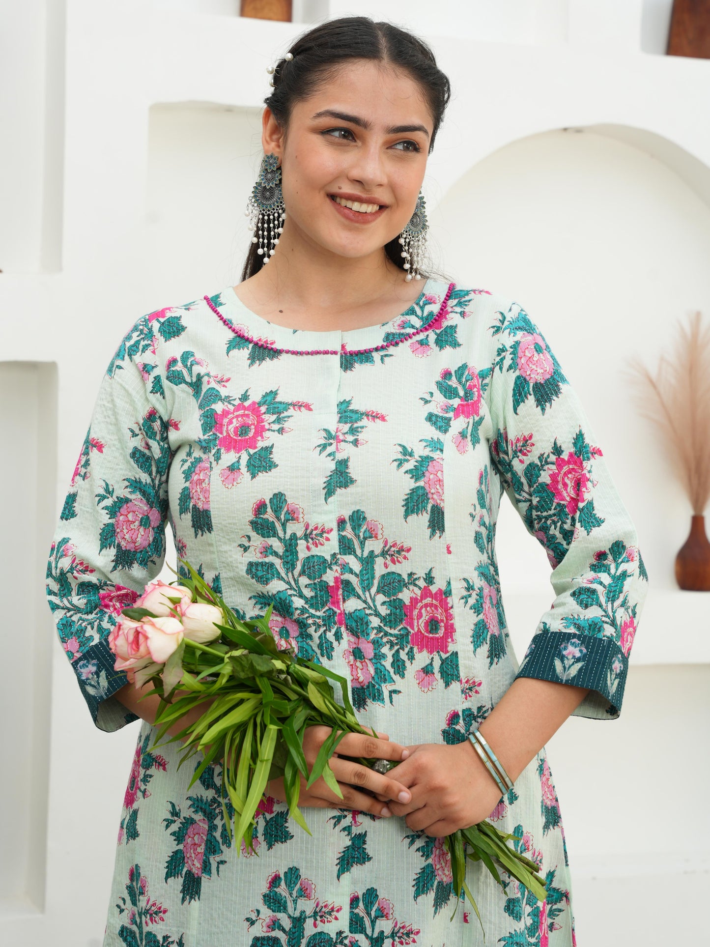 Embroidered Kantha Cotton Floral Flared Off White Kurta