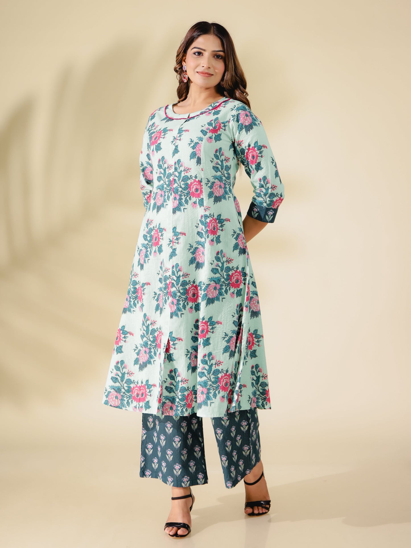 Kantha Cotton Floral Flared Off White Kurta