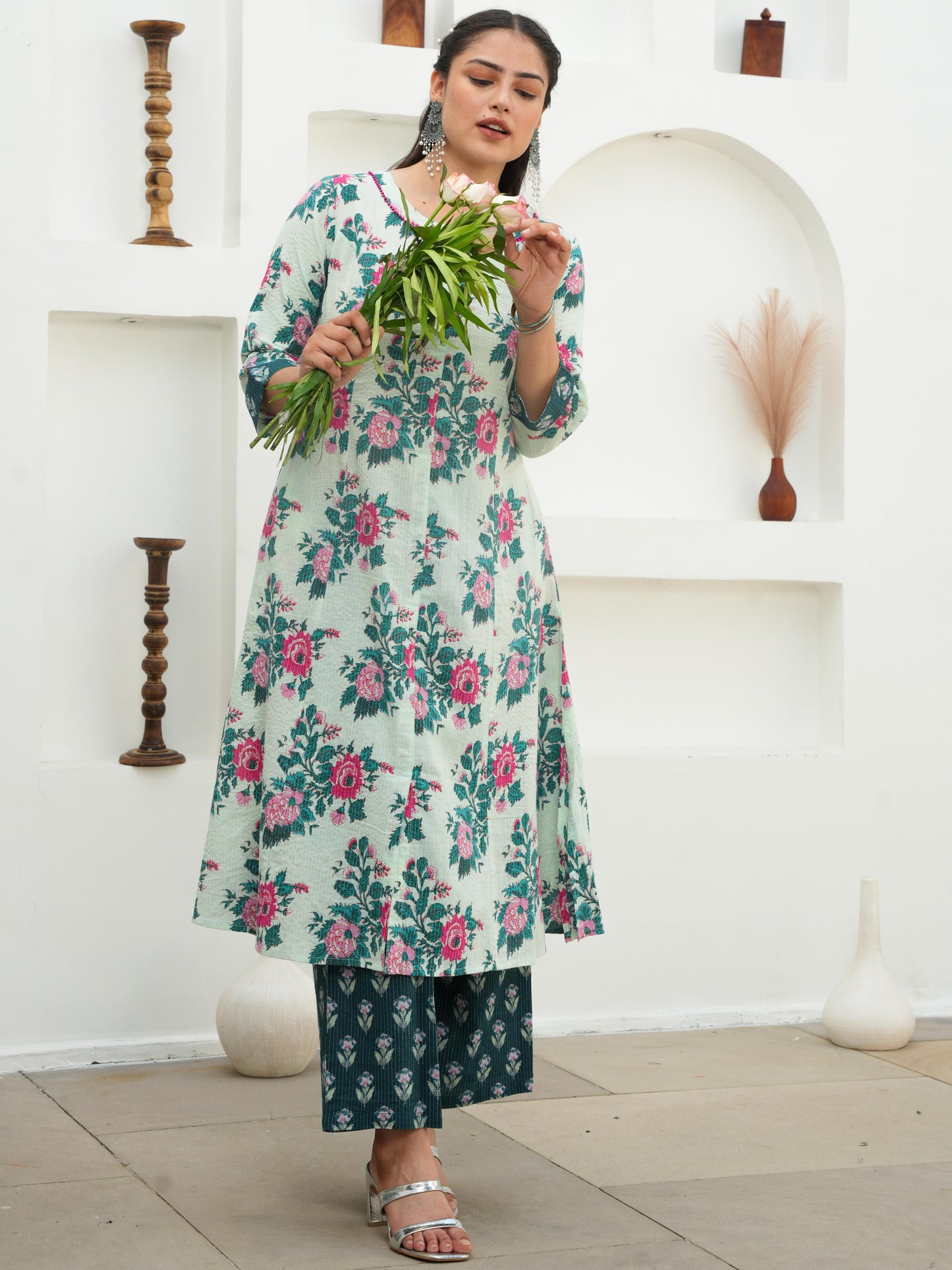 Embroidered Kantha Cotton Floral Flared Off White Kurta