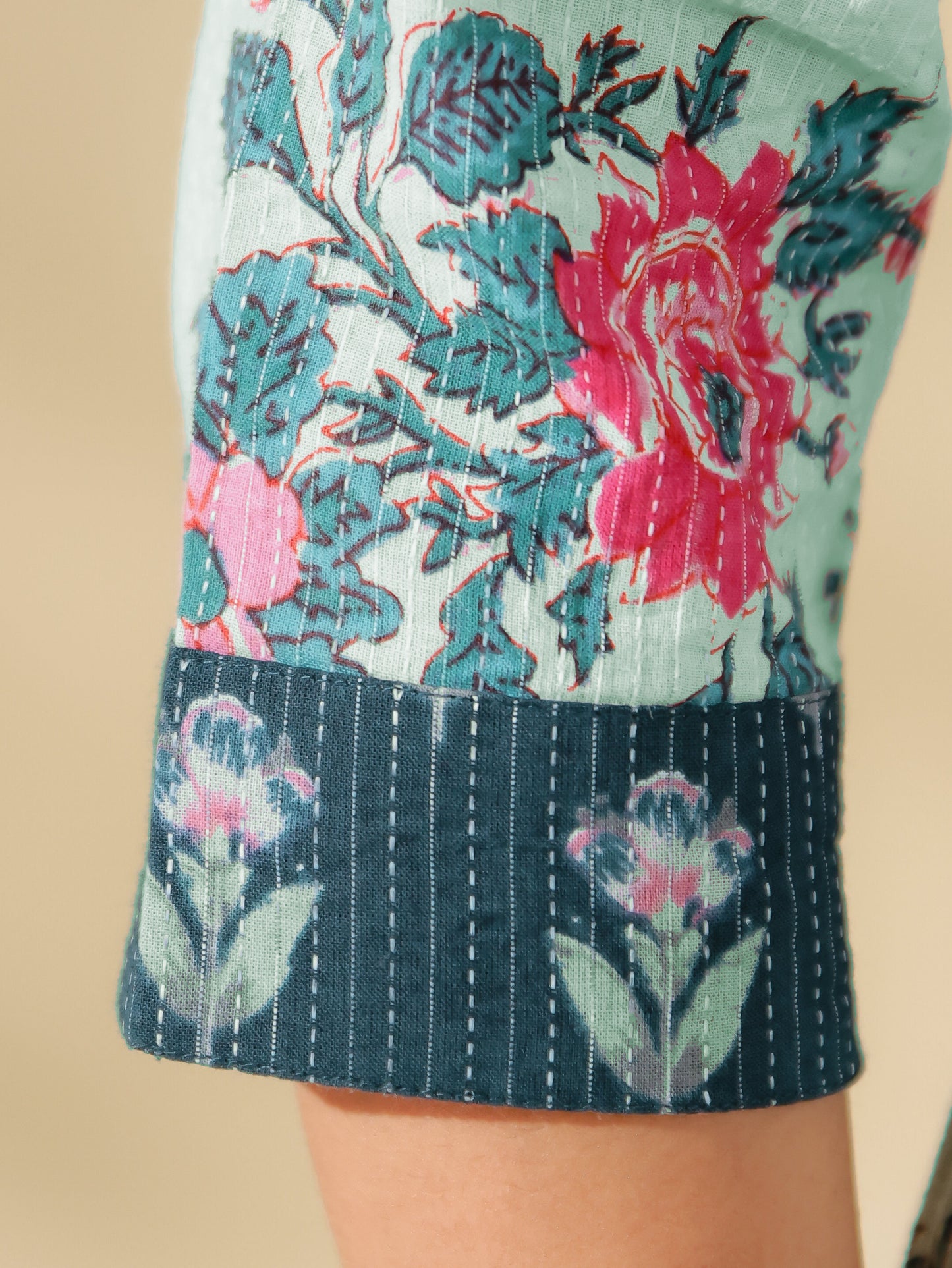 Kantha Cotton Floral Flared Off White Kurta