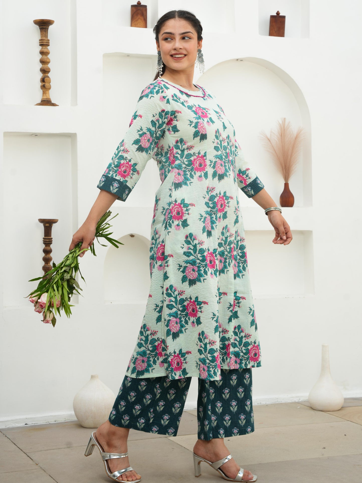 Embroidered Kantha Cotton Floral Flared Off White Kurta