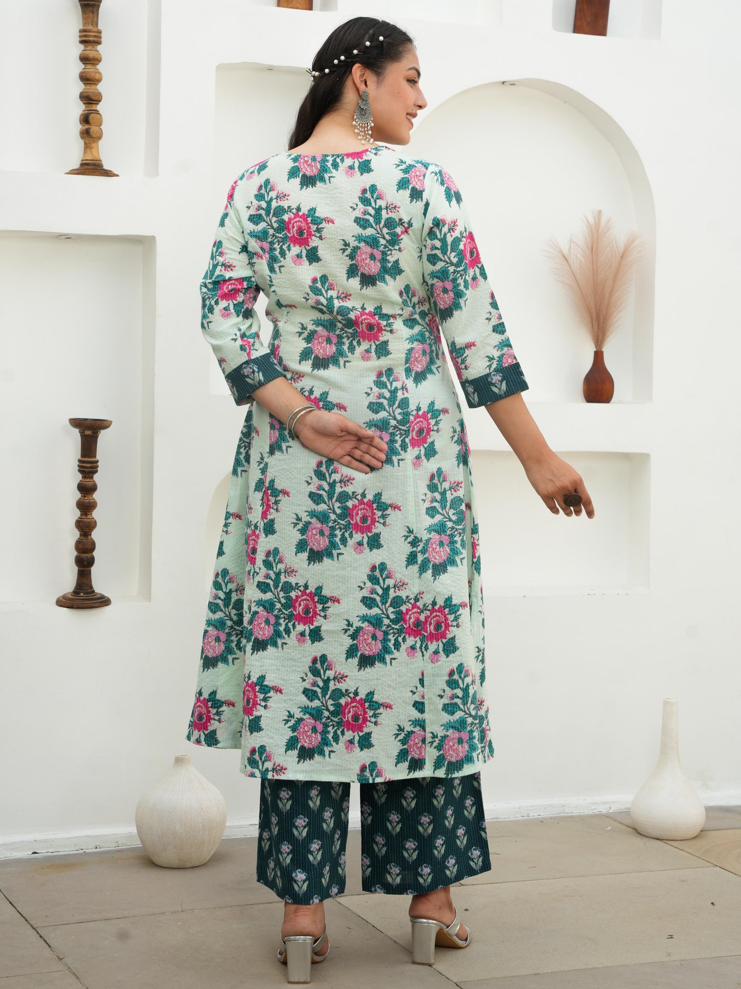 Embroidered Kantha Cotton Floral Flared Off White Kurta