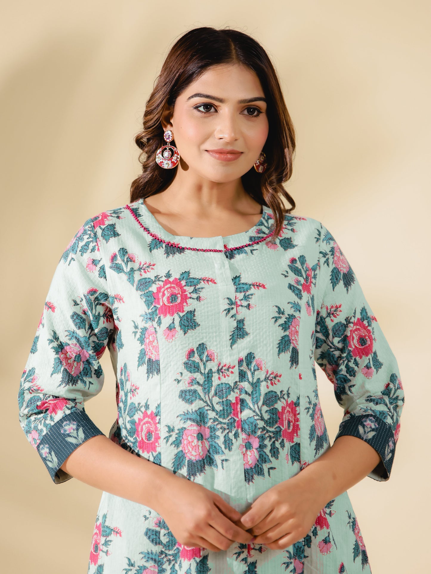 Kantha Cotton Floral Flared Off White Kurta