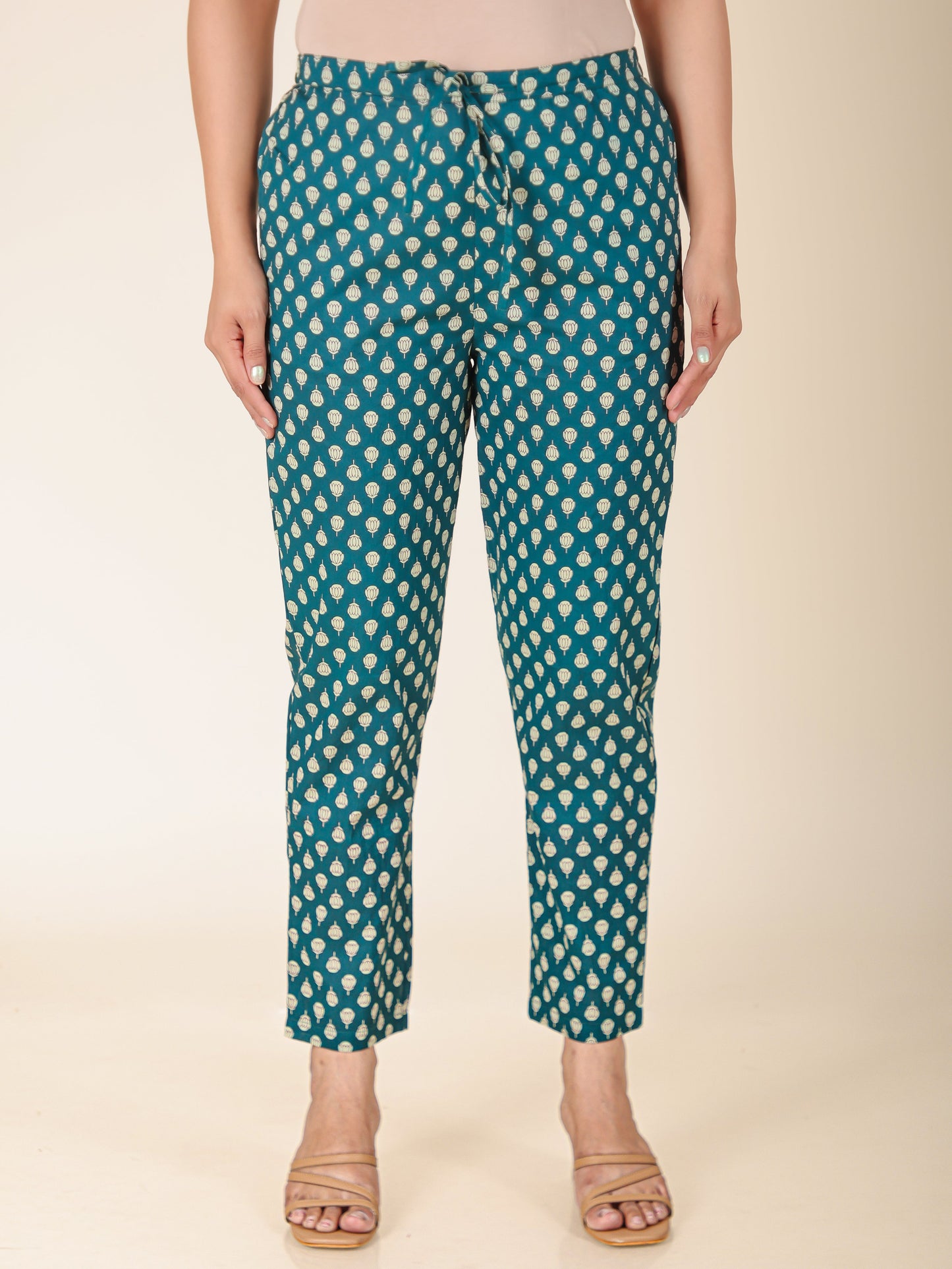 Soft Cotton Block Print Teal Tapered Trousers