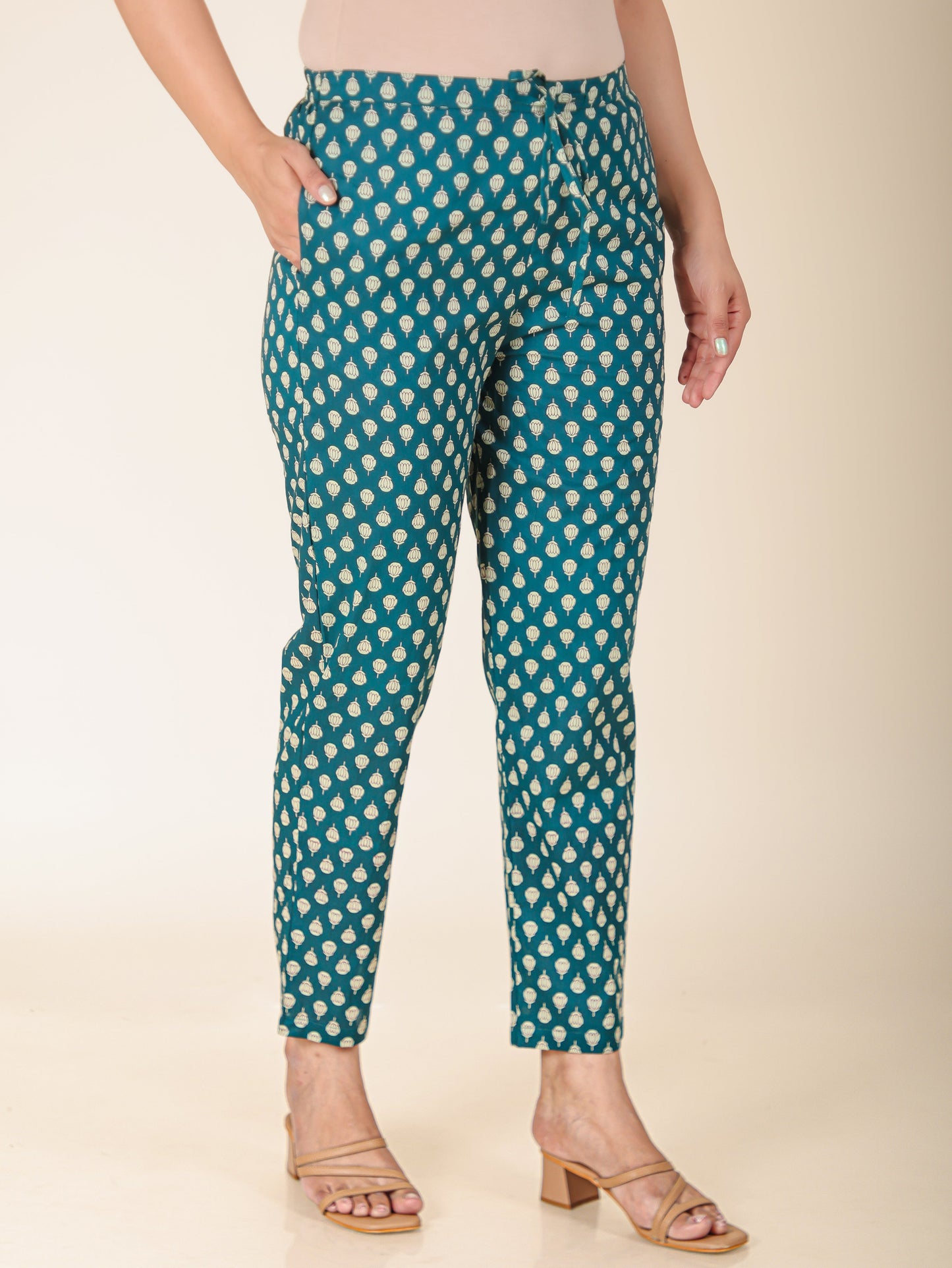 Soft Cotton Block Print Teal Tapered Trousers