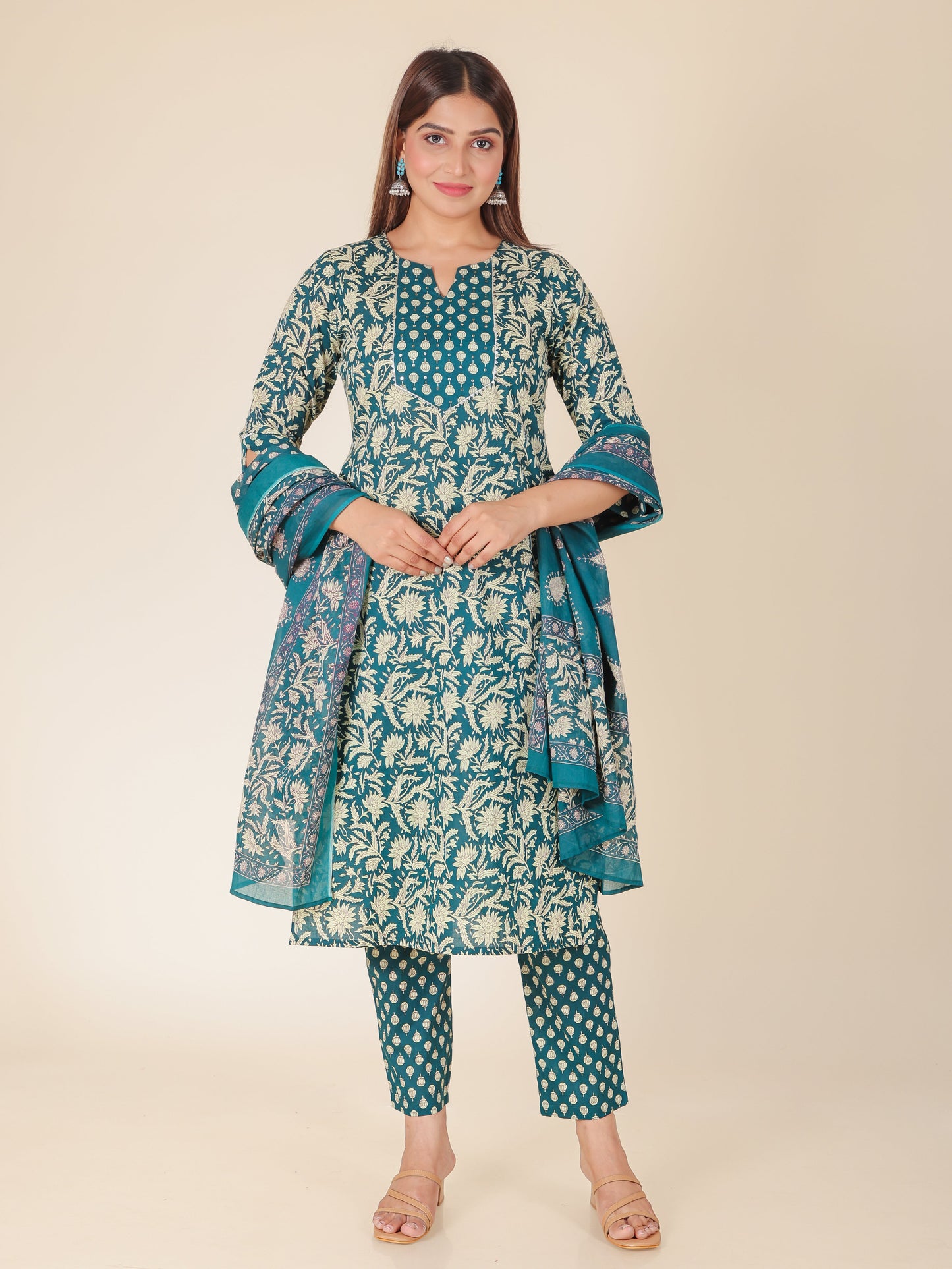Embroidered Soft Cotton Block Print Straight Teal Kurta