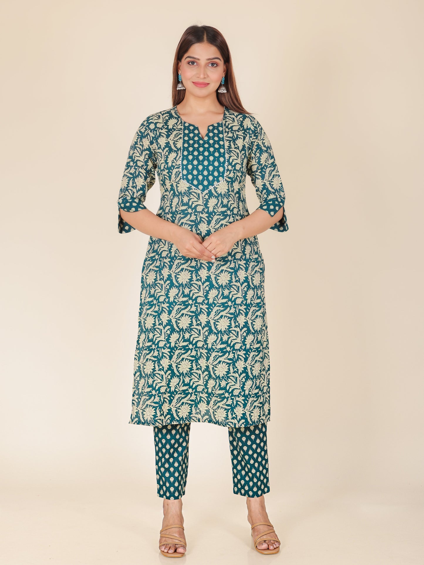 Embroidered Soft Cotton Block Print Straight Teal Kurta
