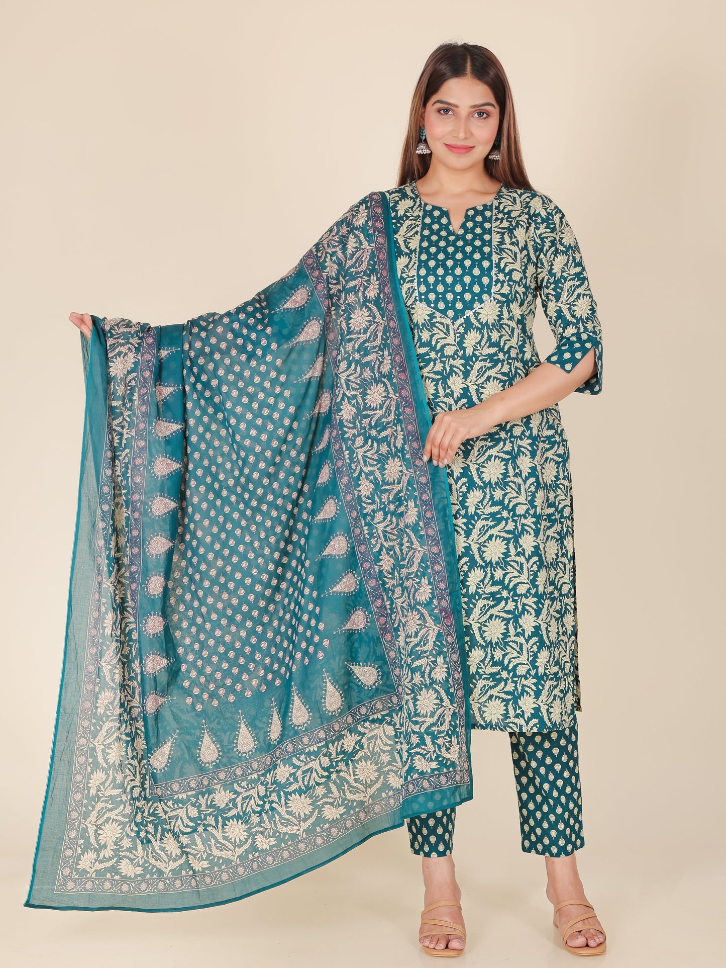 Embroidered Soft Cotton Block Print Straight Teal Kurta