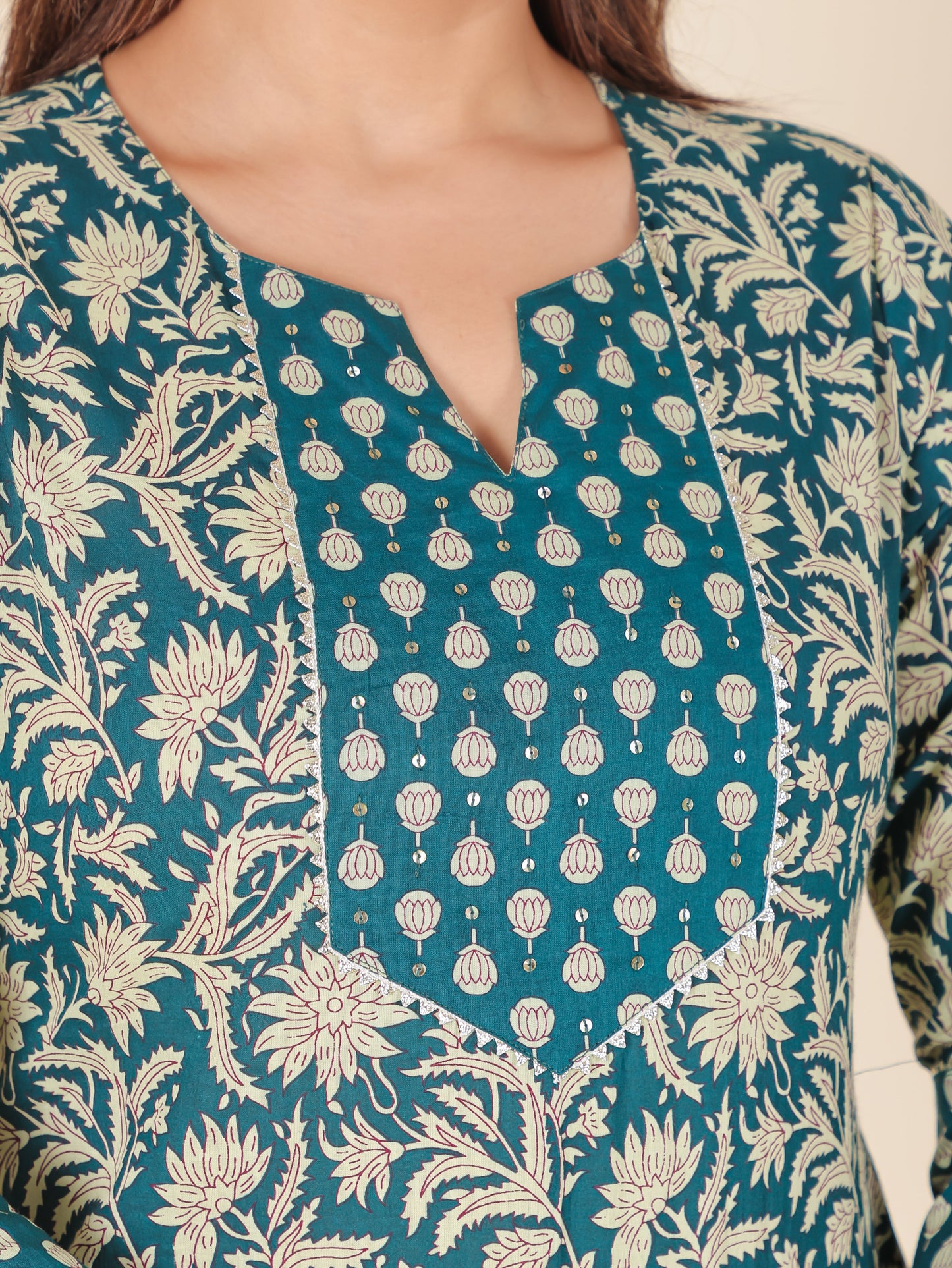 Embroidered Soft Cotton Block Print Straight Teal Kurta