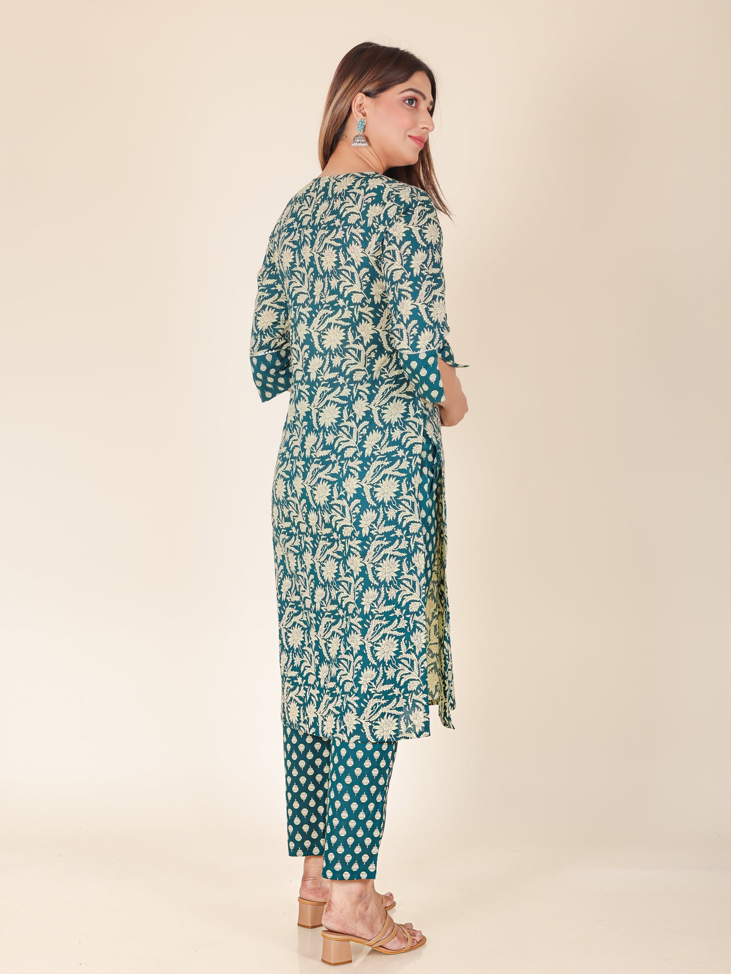 Embroidered Soft Cotton Block Print Straight Teal Kurta
