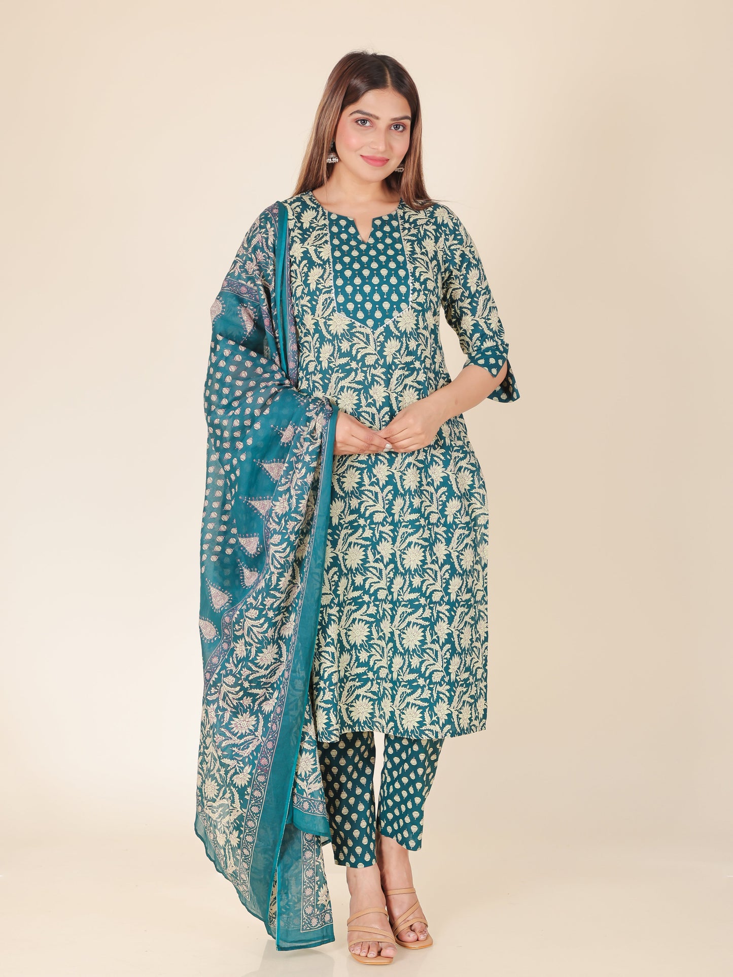 Embroidered Soft Cotton Block Print Straight Teal Kurta