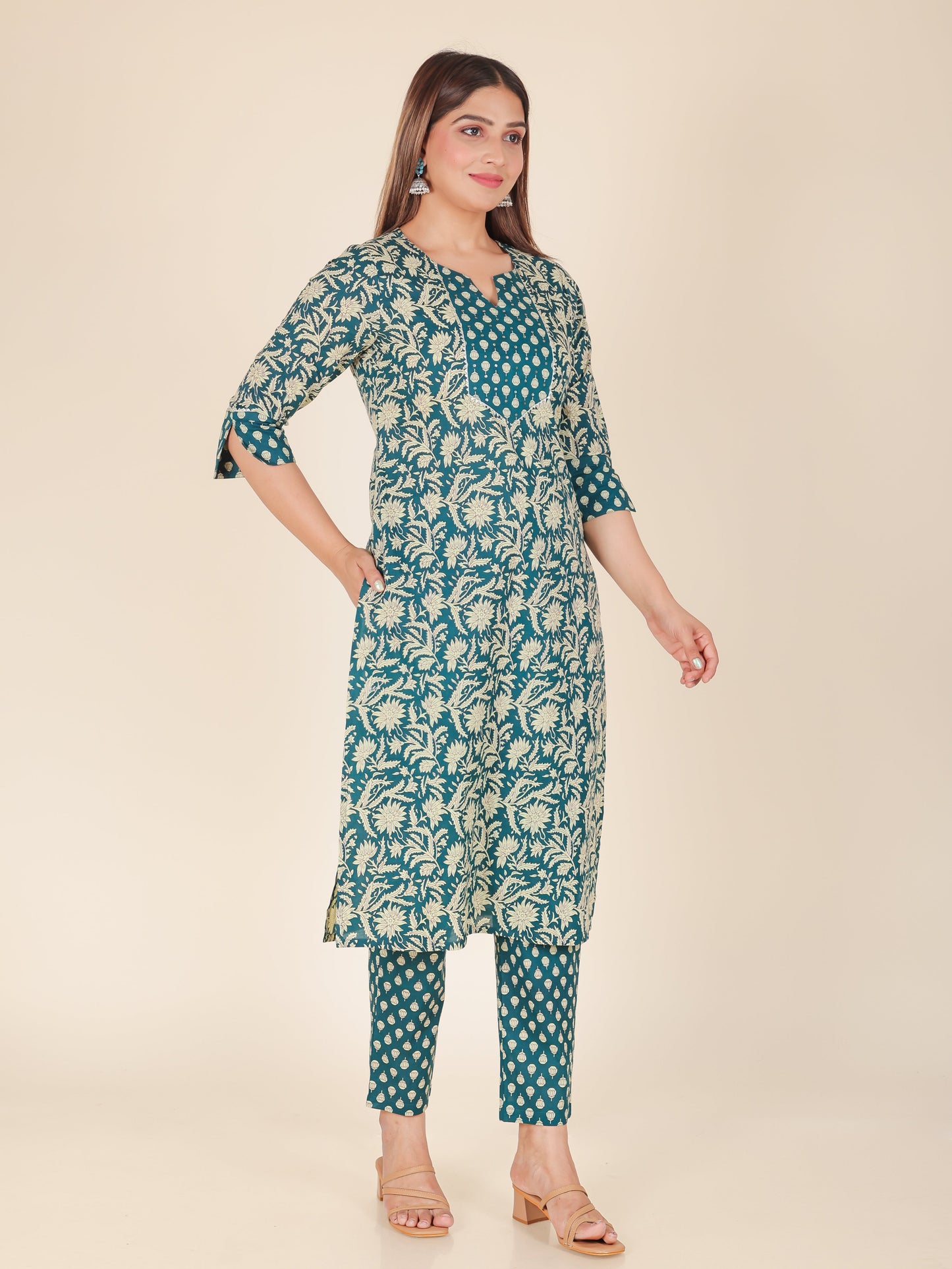 Embroidered Soft Cotton Block Print Straight Teal Kurta