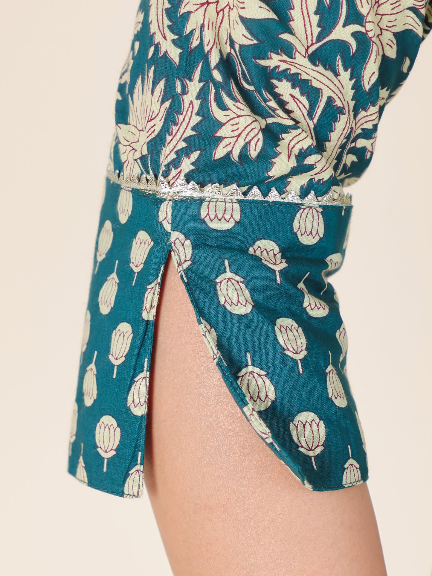 Embroidered Soft Cotton Block Print Straight Teal Kurta