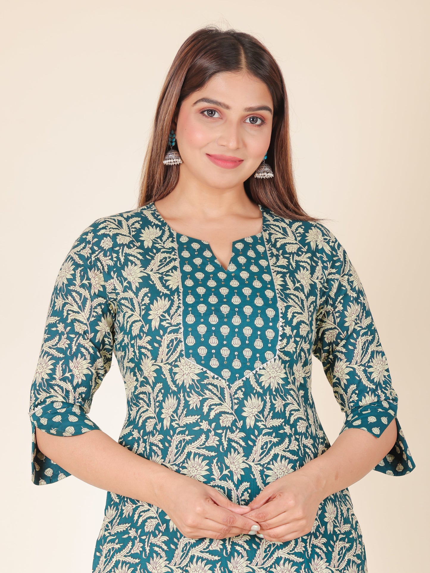 Embroidered Soft Cotton Block Print Straight Teal Kurta