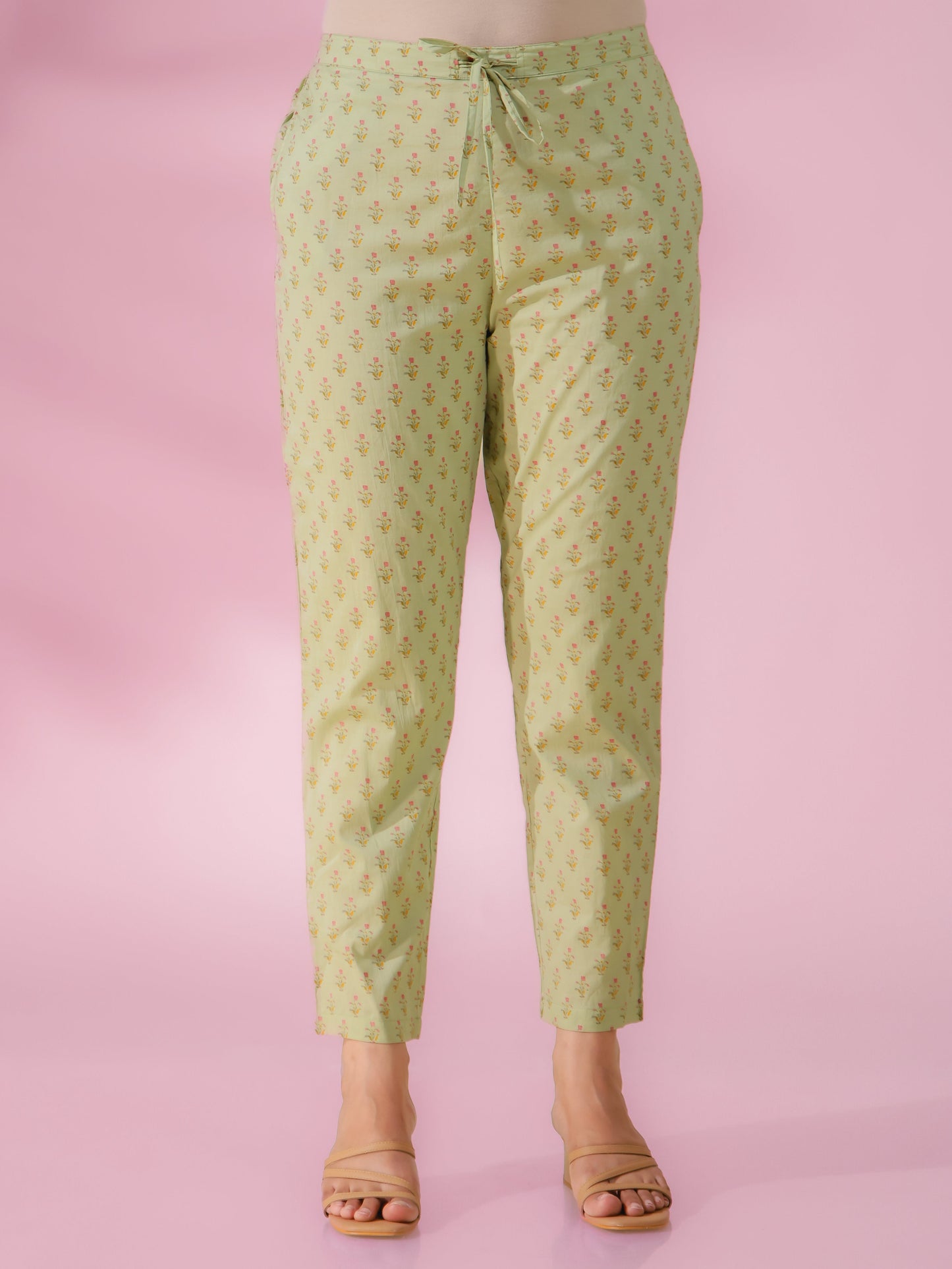 Soft Cotton Block Print Lime Green Tapered Trousers