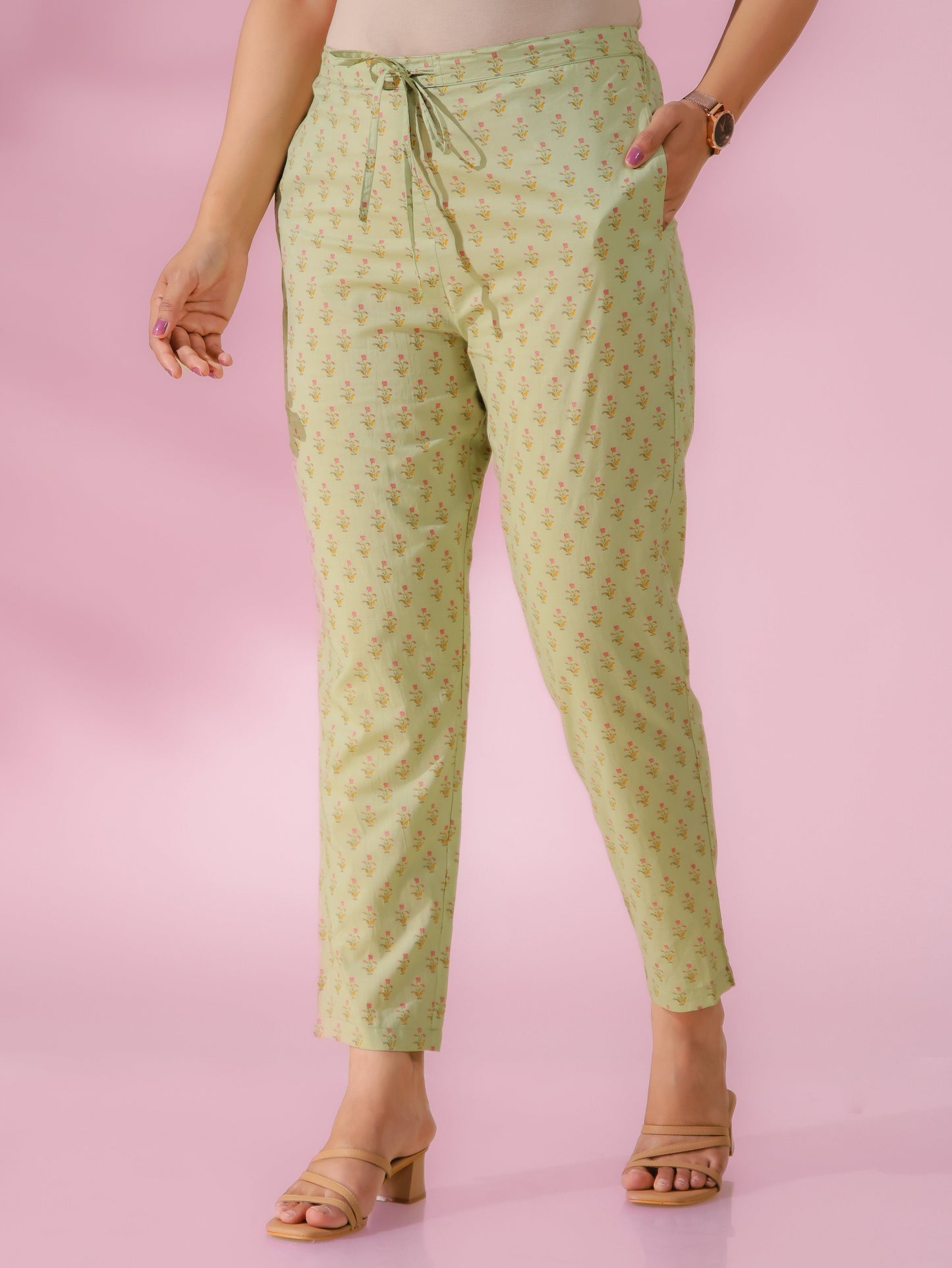Soft Cotton Block Print Lime Green Tapered Trousers