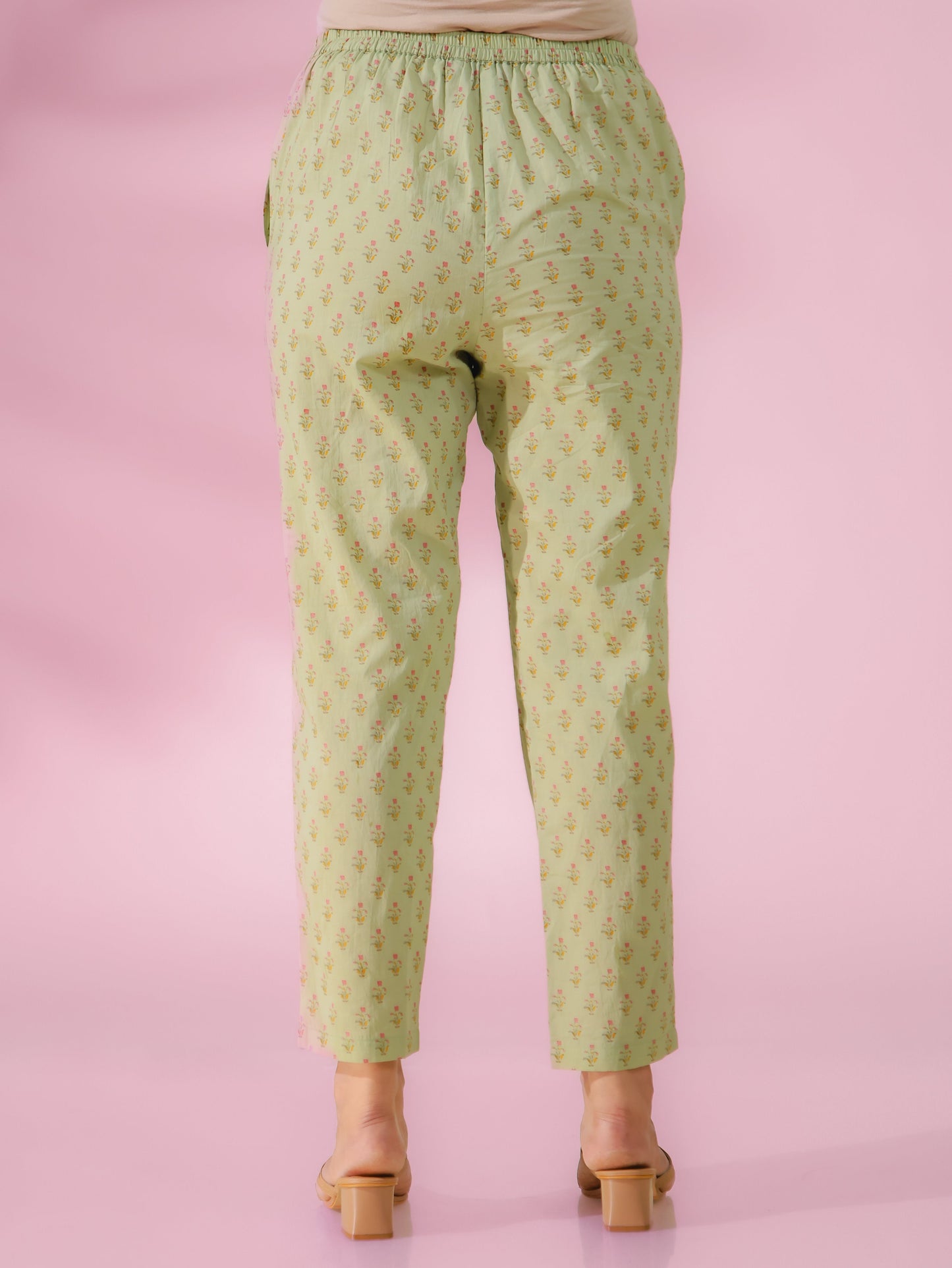 Soft Cotton Block Print Lime Green Tapered Trousers