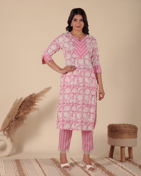 Soft Cotton Floral Straight Pink Kurta
