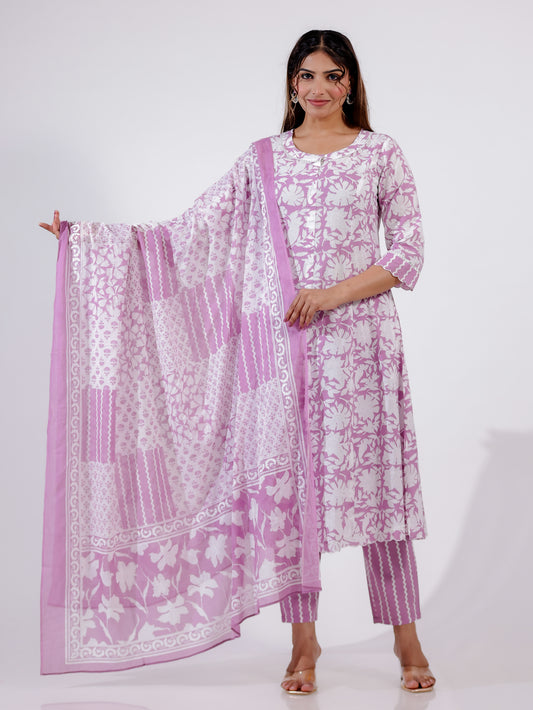 Soft Cotton Floral A-line Purple Kurta