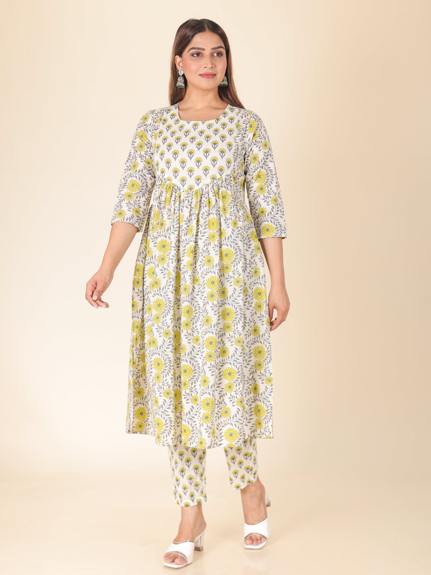 Soft Cotton Floral A-line Yellow Kurta