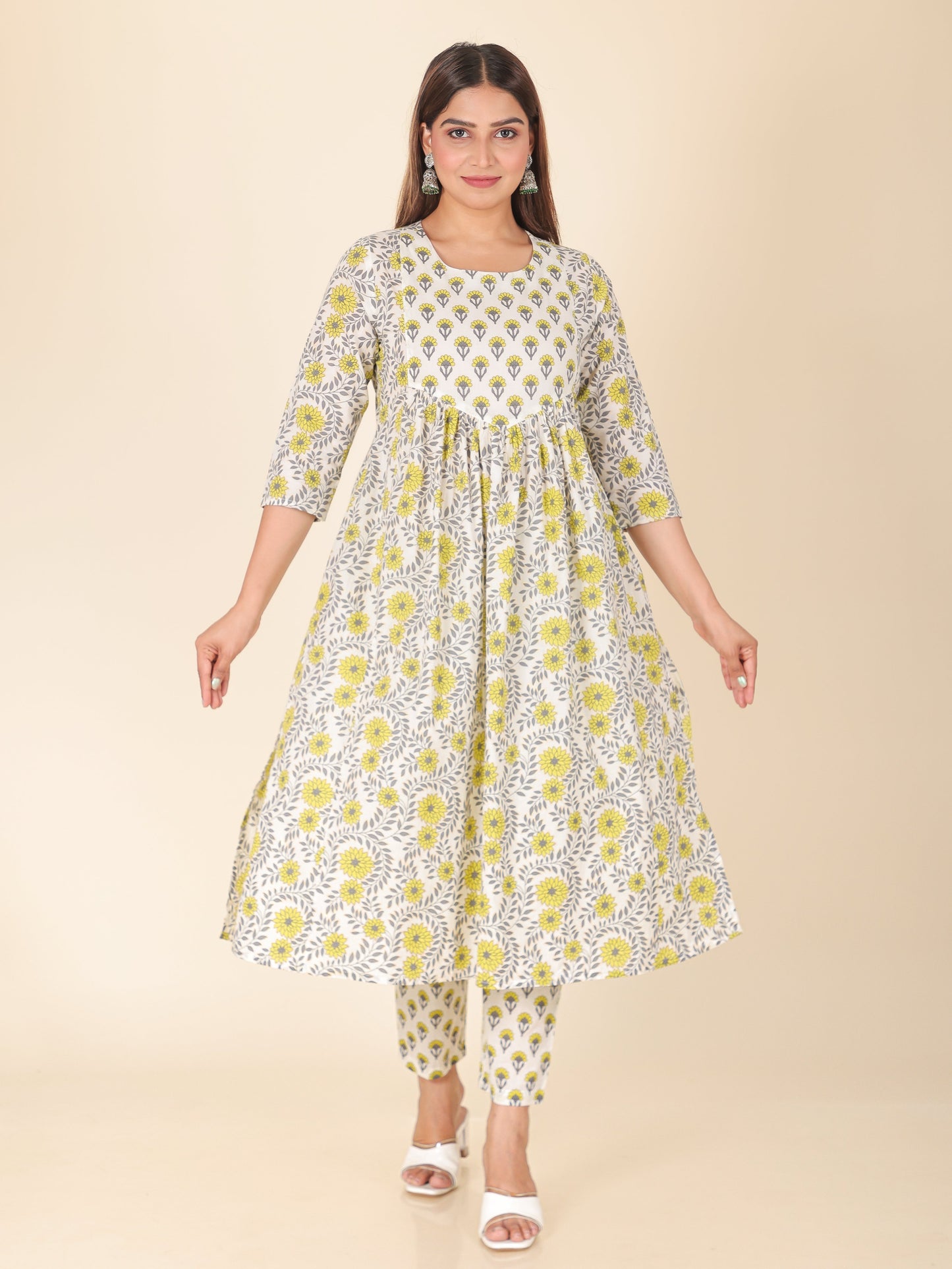 Soft Cotton Floral A-line Yellow Kurta