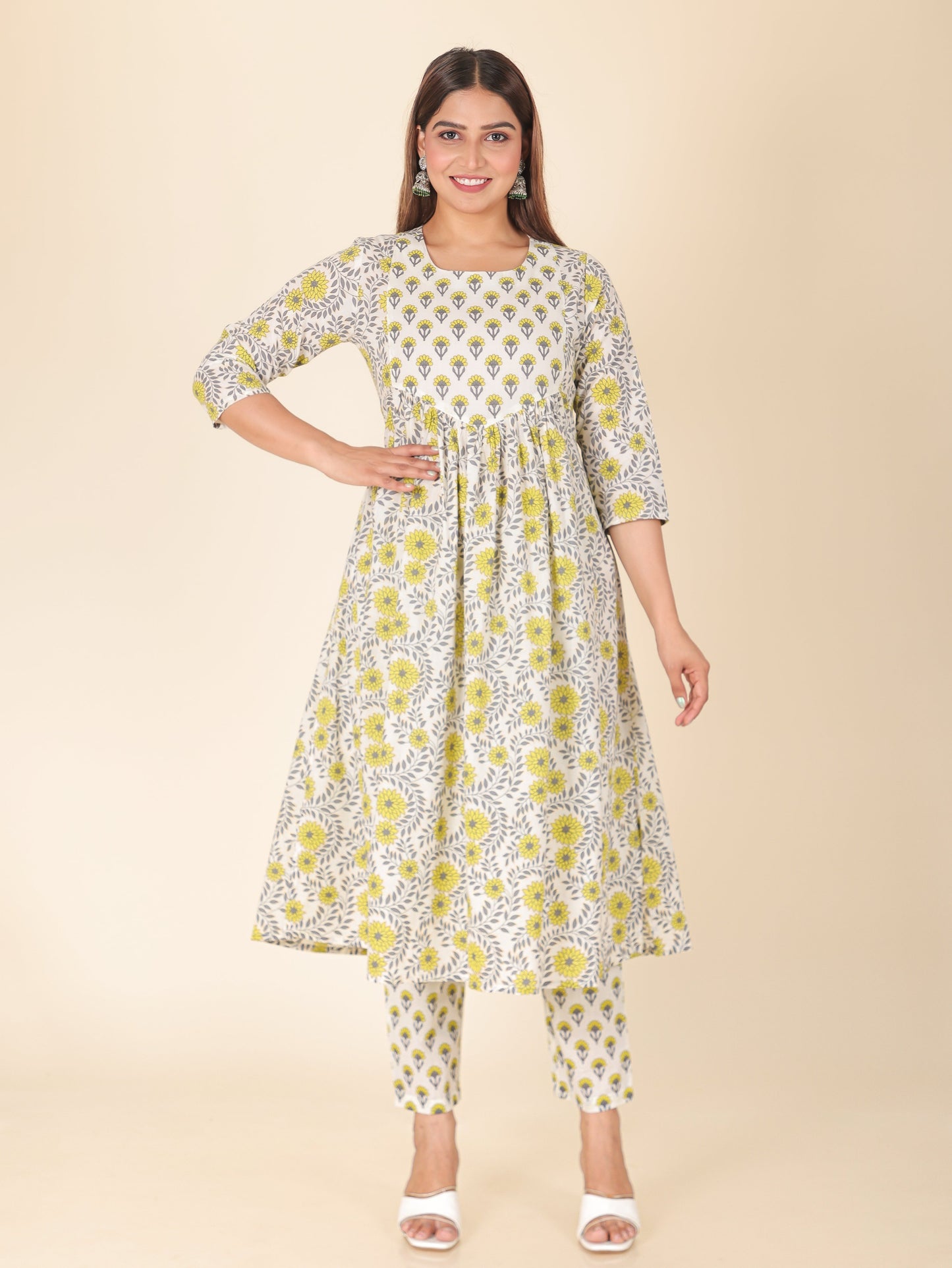 Soft Cotton Floral A-line Yellow Kurta