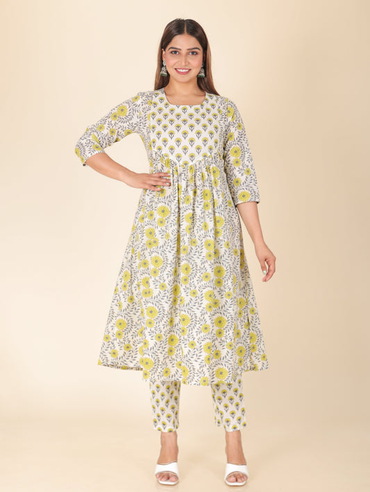 Soft Cotton Floral A-line Yellow Kurta