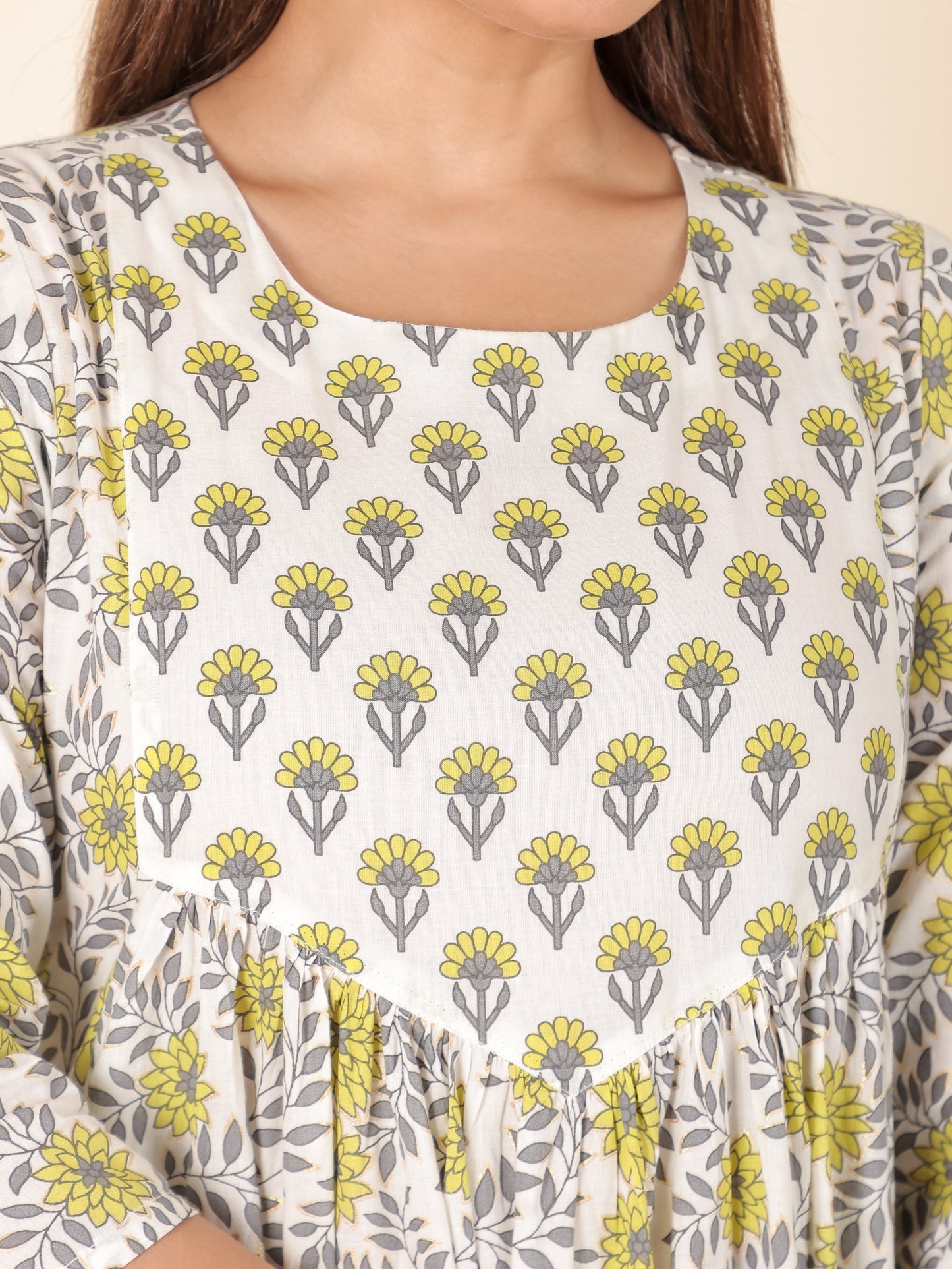 Soft Cotton Floral A-line Yellow Kurta