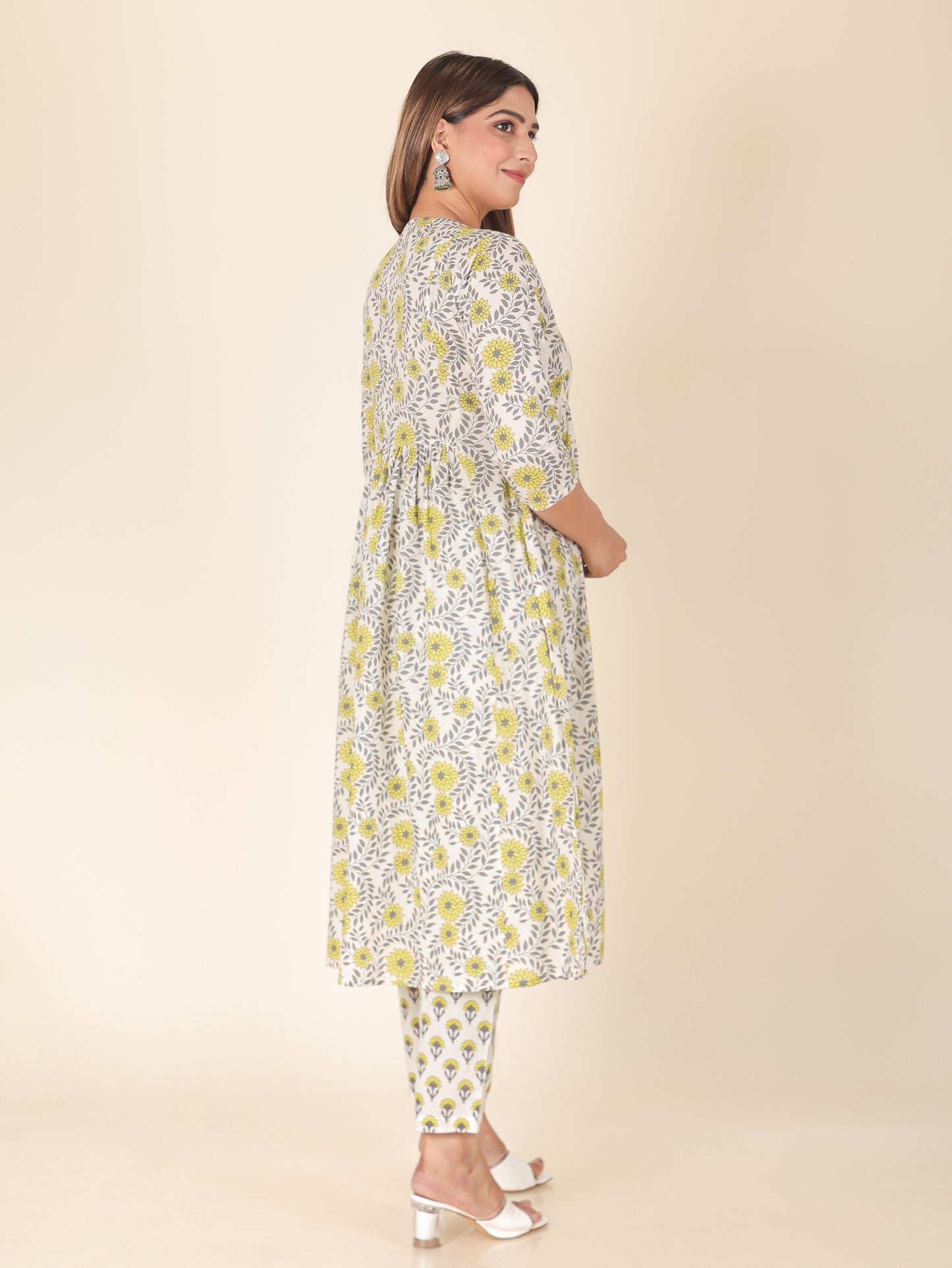 Soft Cotton Floral A-line Yellow Kurta