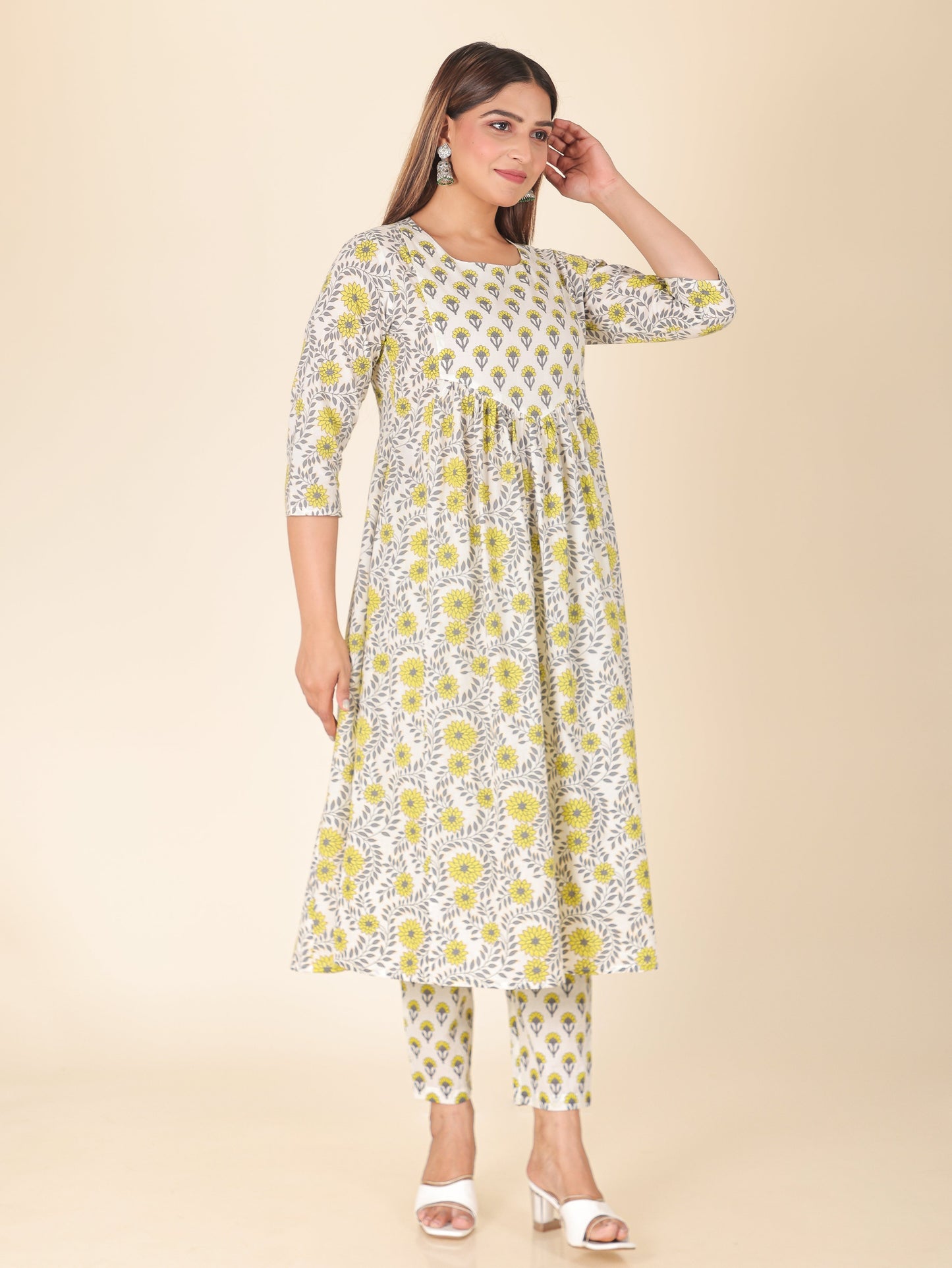 Soft Cotton Floral A-line Yellow Kurta