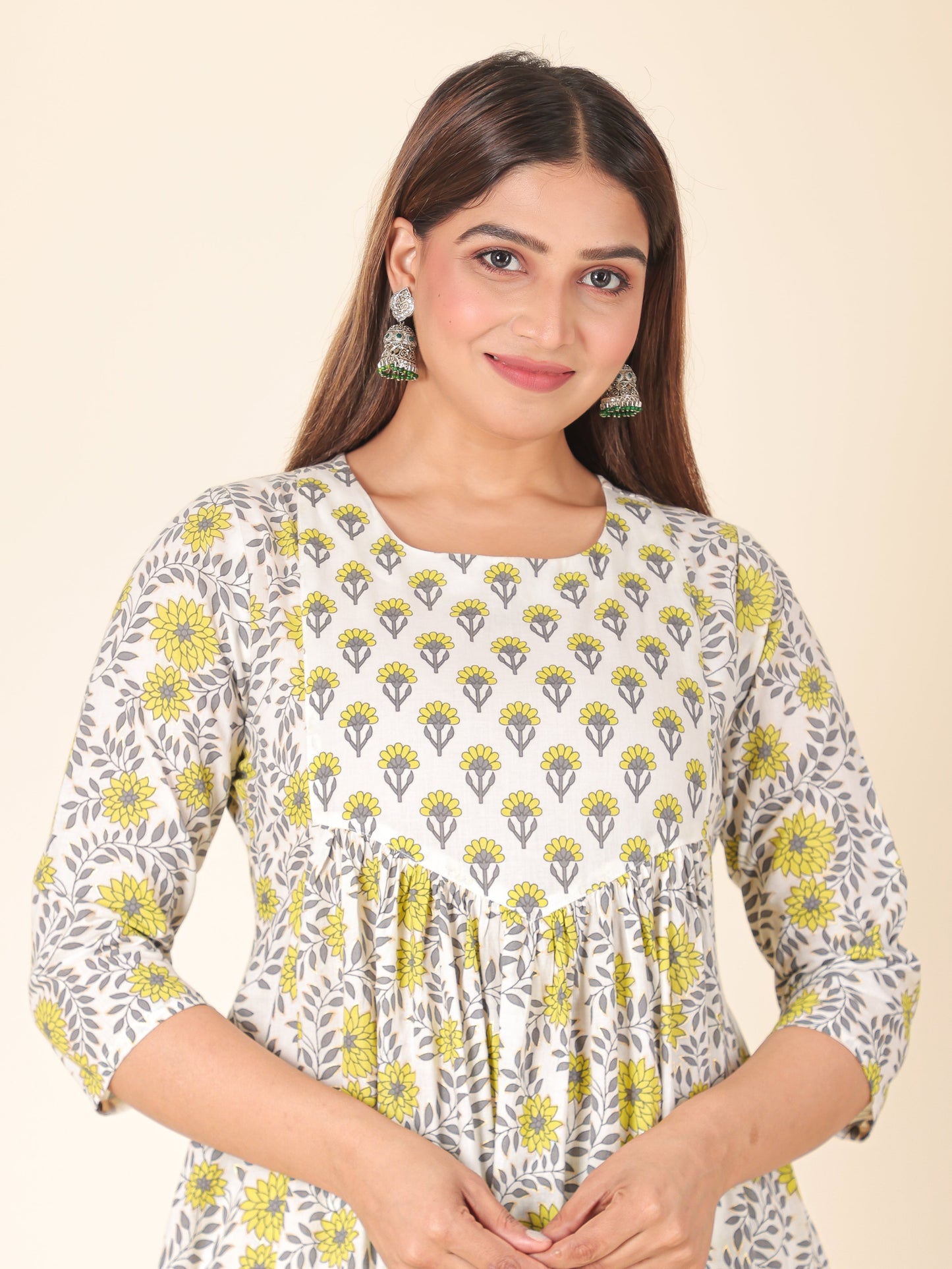 Soft Cotton Floral A-line Yellow Kurta