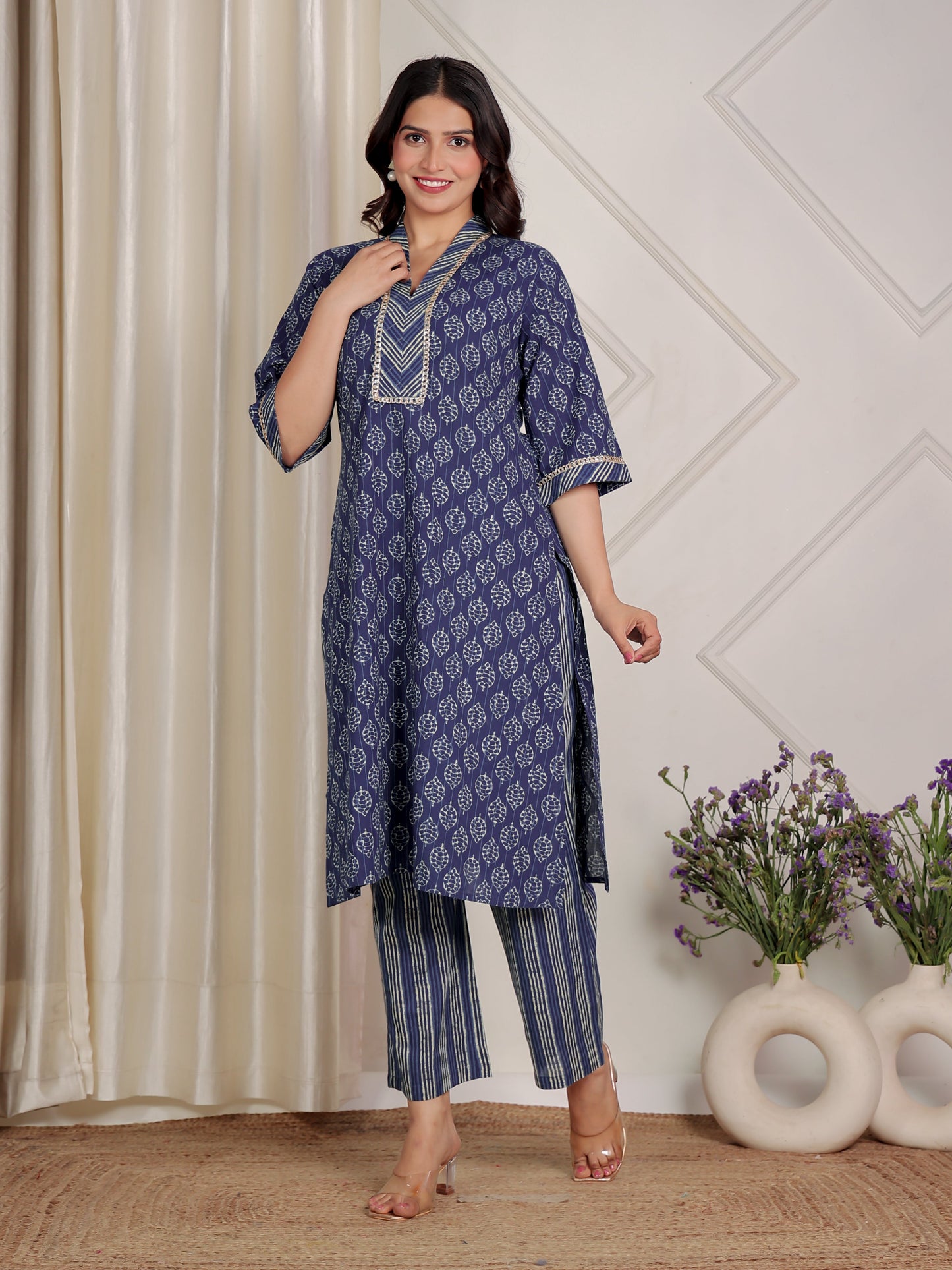 Embroidered Soft Cotton Block Print Straight Indigo Blue