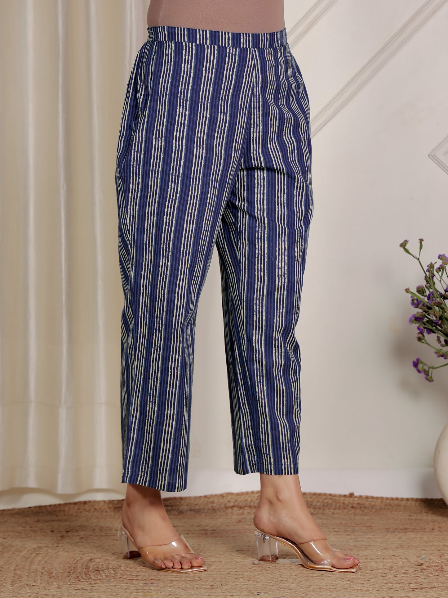 Embroidered Soft Cotton Block Print Straight Indigo Blue