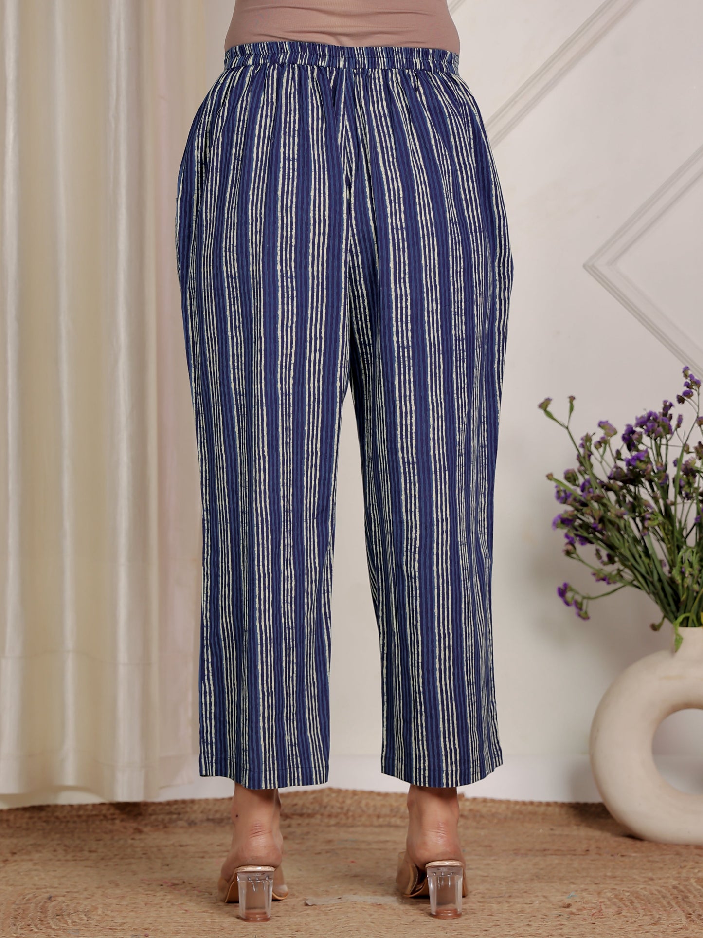 Embroidered Soft Cotton Block Print Straight Indigo Blue