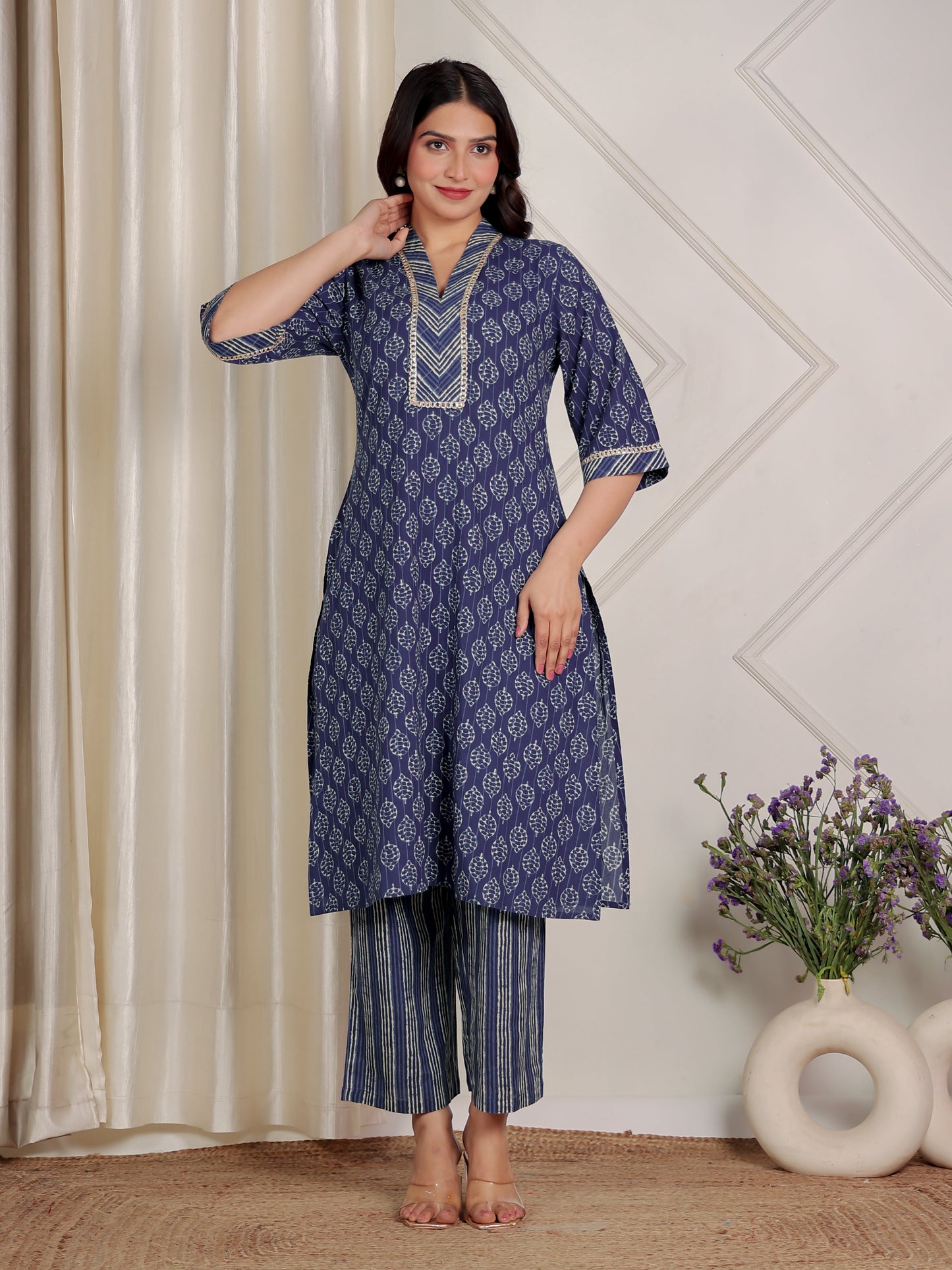 Embroidered Soft Cotton Block Print Straight Indigo Blue