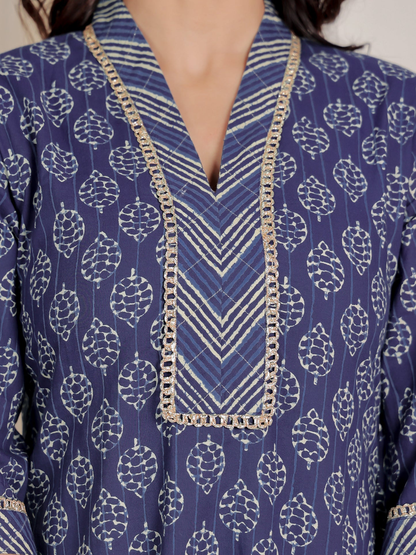 Embroidered Soft Cotton Block Print Straight Indigo Blue