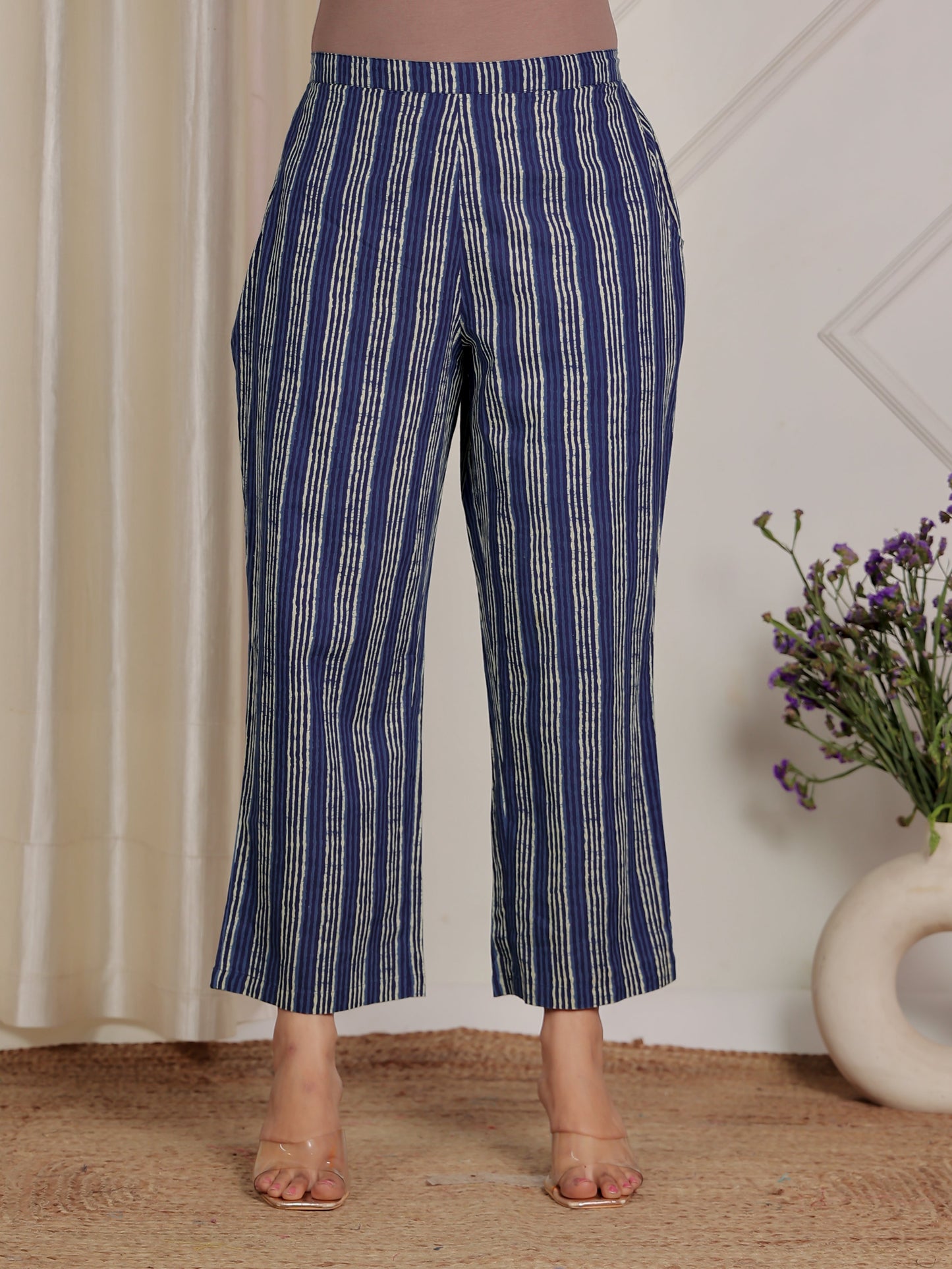 Embroidered Soft Cotton Block Print Straight Indigo Blue