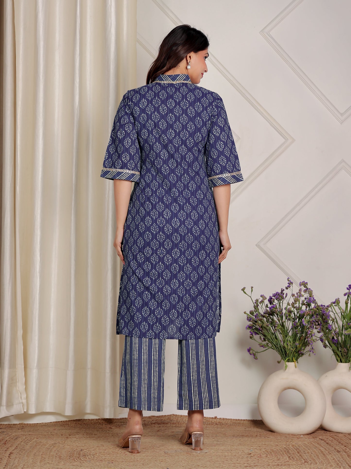Embroidered Soft Cotton Block Print Straight Indigo Blue